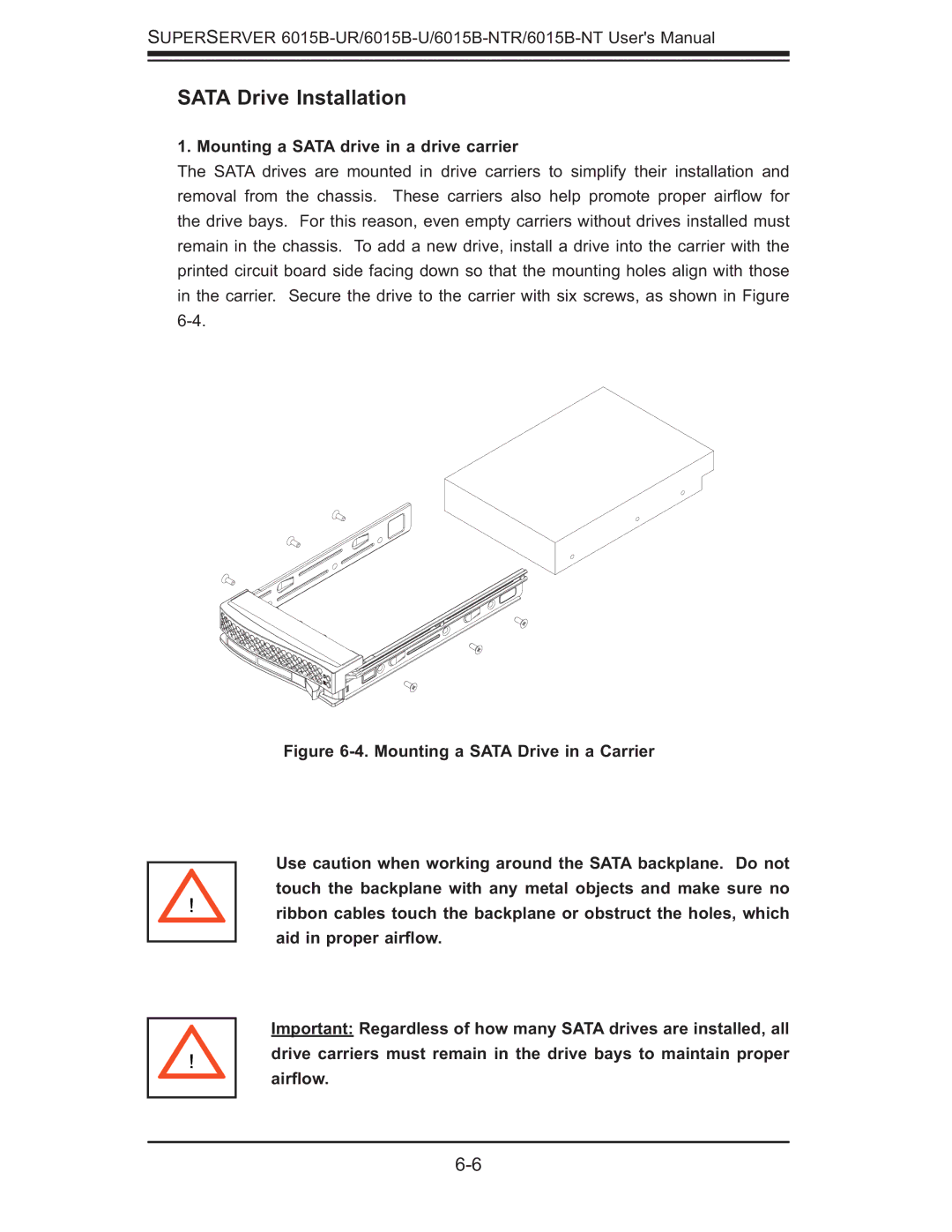 SUPER MICRO Computer 6015B-NTR, 6015B-U, 6015b-RU Sata Drive Installation, Mounting a Sata drive in a drive carrier 
