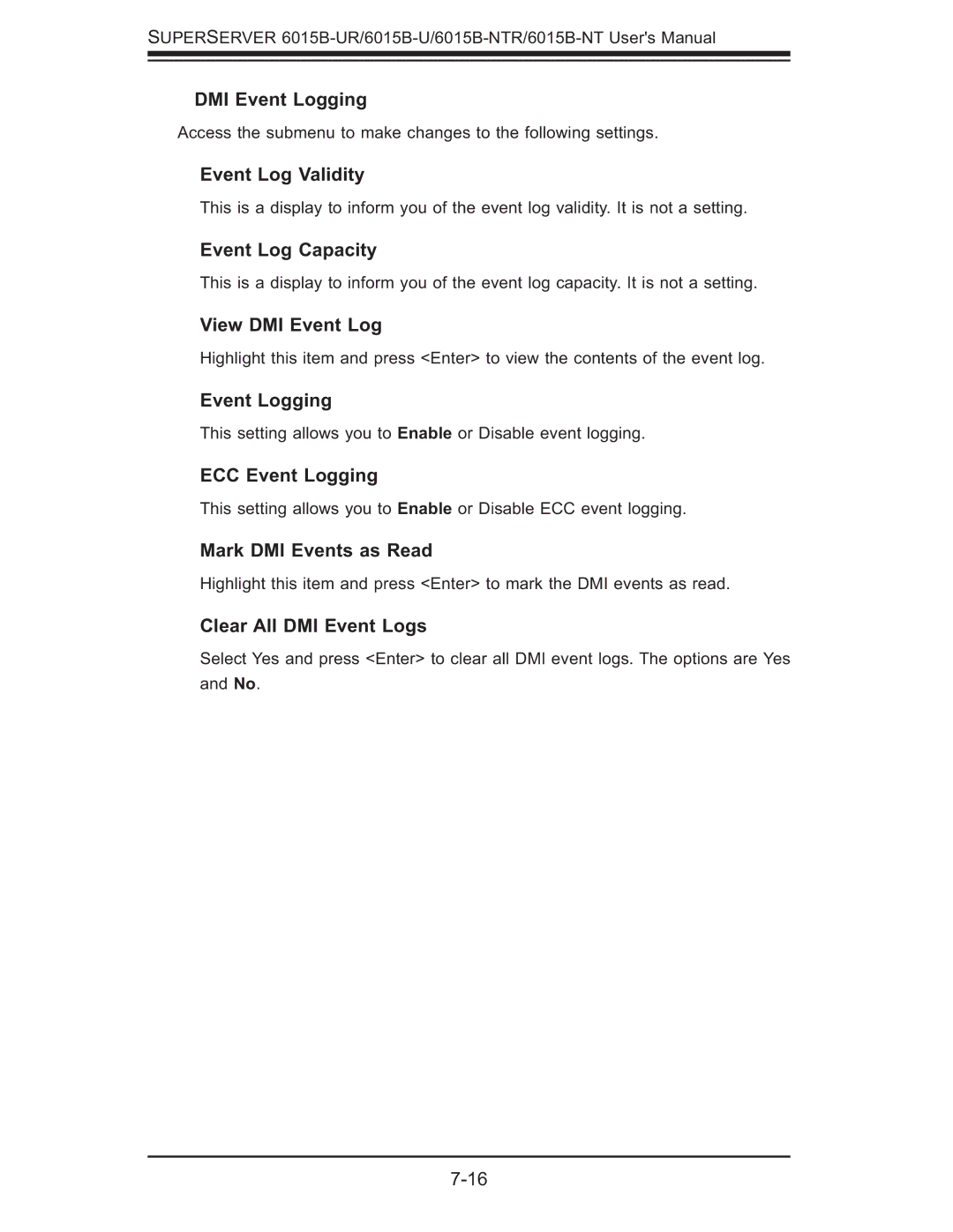 SUPER MICRO Computer 6015b-RU, 6015B-NTR DMI Event Logging, Event Log Validity, Event Log Capacity, View DMI Event Log 