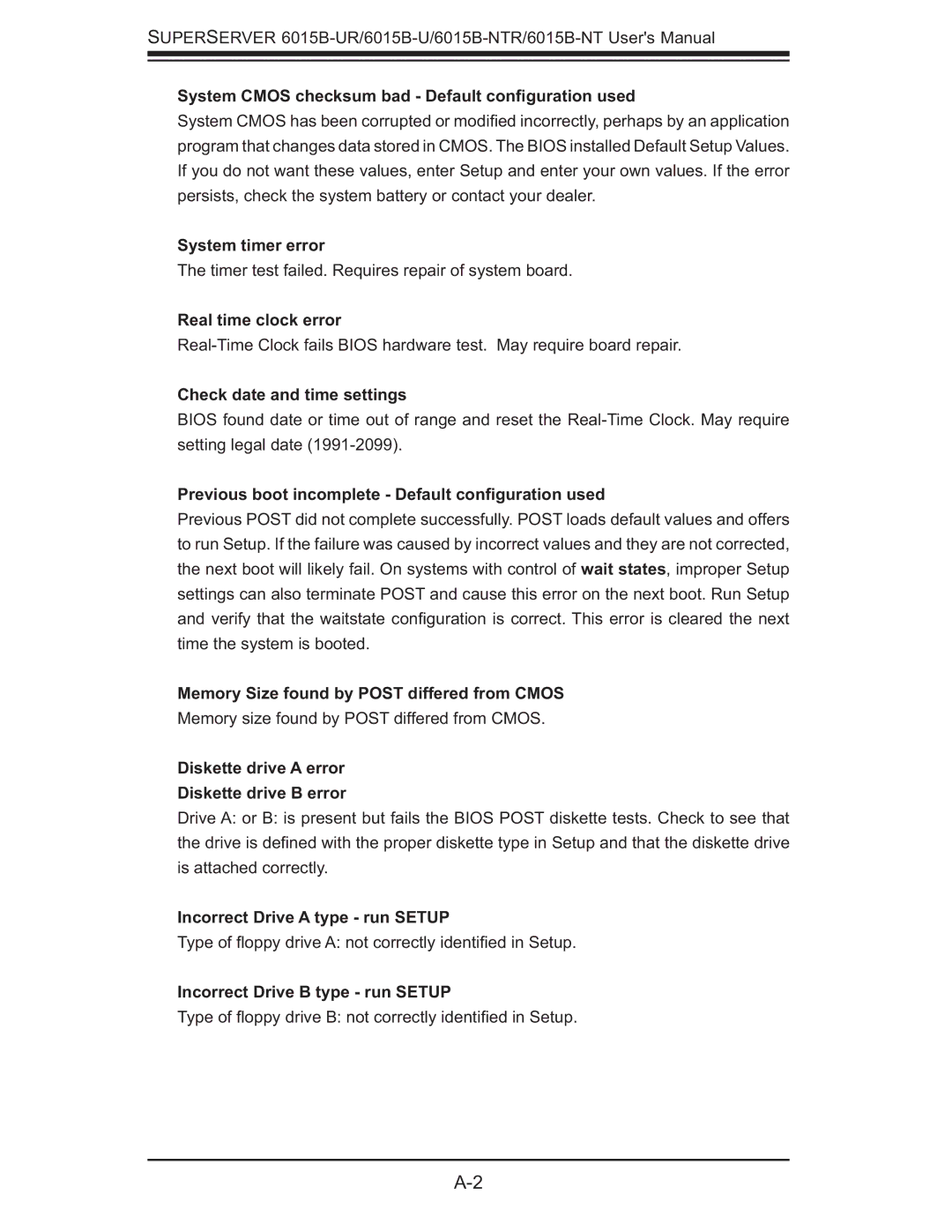 SUPER MICRO Computer 6015b-RU, 6015B-NTR, 6015B-U System Cmos checksum bad Default conﬁguration used, System timer error 