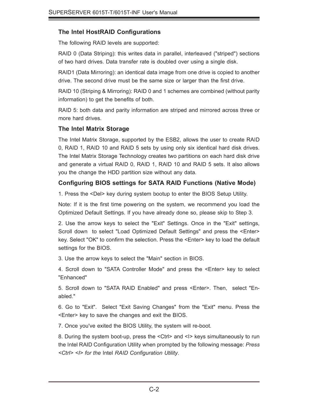 SUPER MICRO Computer 6015T-INF, 6015T-T manual Intel HostRAID Conﬁgurations, Intel Matrix Storage 