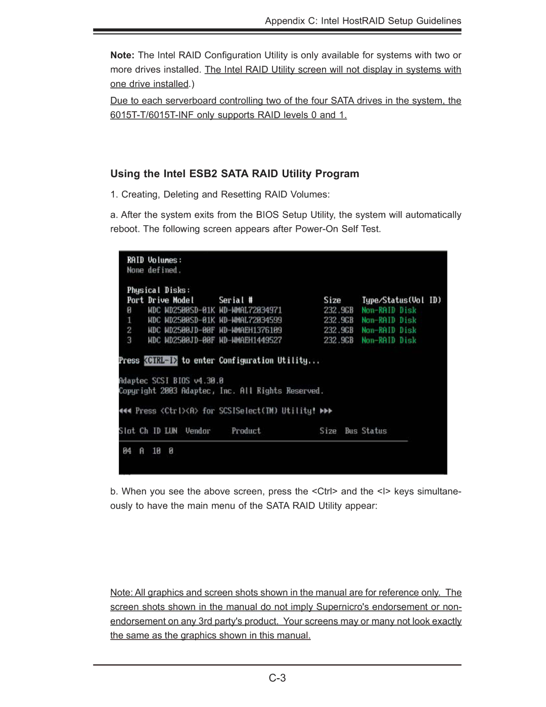 SUPER MICRO Computer 6015T-T, 6015T-INF manual Using the Intel ESB2 Sata RAID Utility Program 