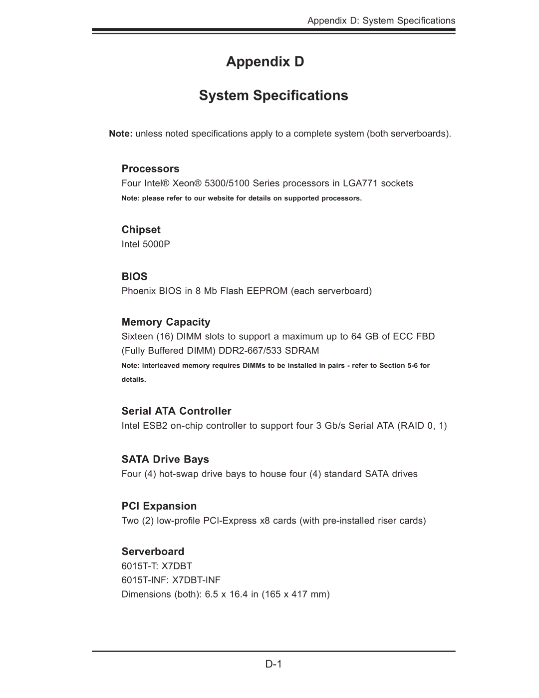 SUPER MICRO Computer 6015T-T, 6015T-INF manual Appendix D System Speciﬁcations 