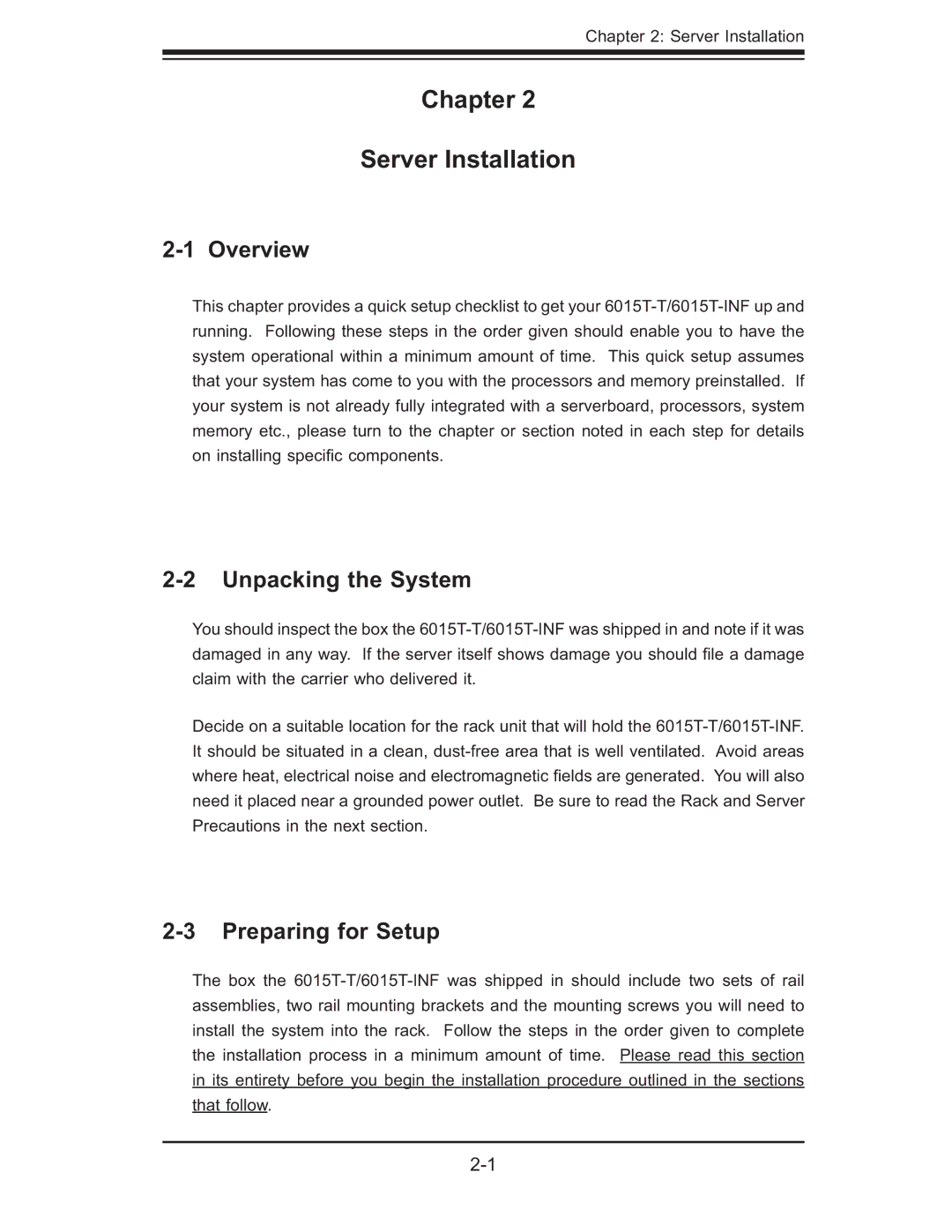 SUPER MICRO Computer 6015T-T, 6015T-INF manual Chapter Server Installation, Unpacking the System, Preparing for Setup 