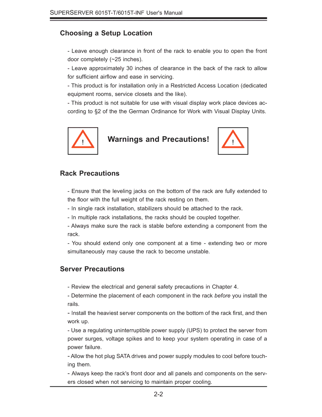 SUPER MICRO Computer 6015T-INF, 6015T-T manual Choosing a Setup Location, Rack Precautions, Server Precautions 