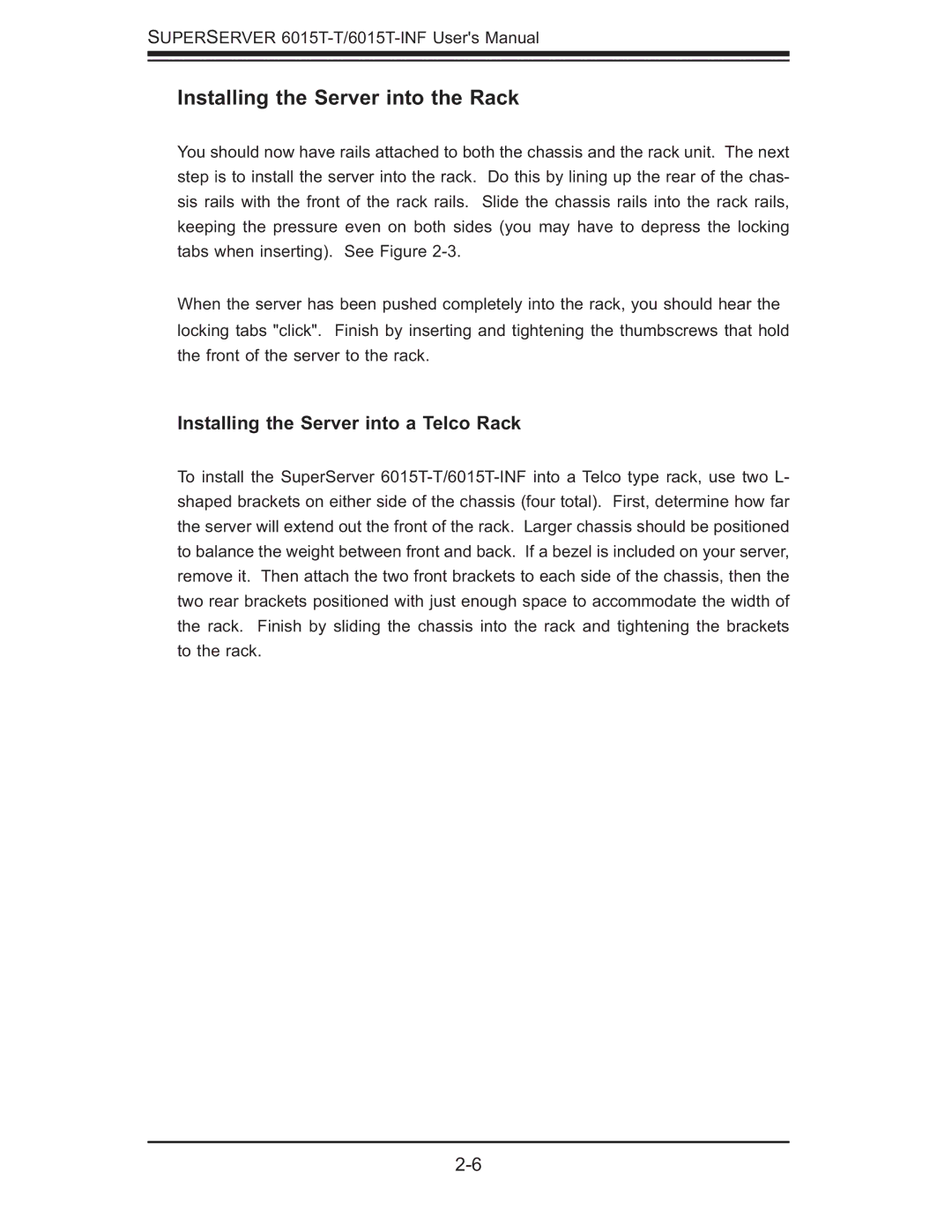 SUPER MICRO Computer 6015T-INF, 6015T-T manual Installing the Server into the Rack, Installing the Server into a Telco Rack 