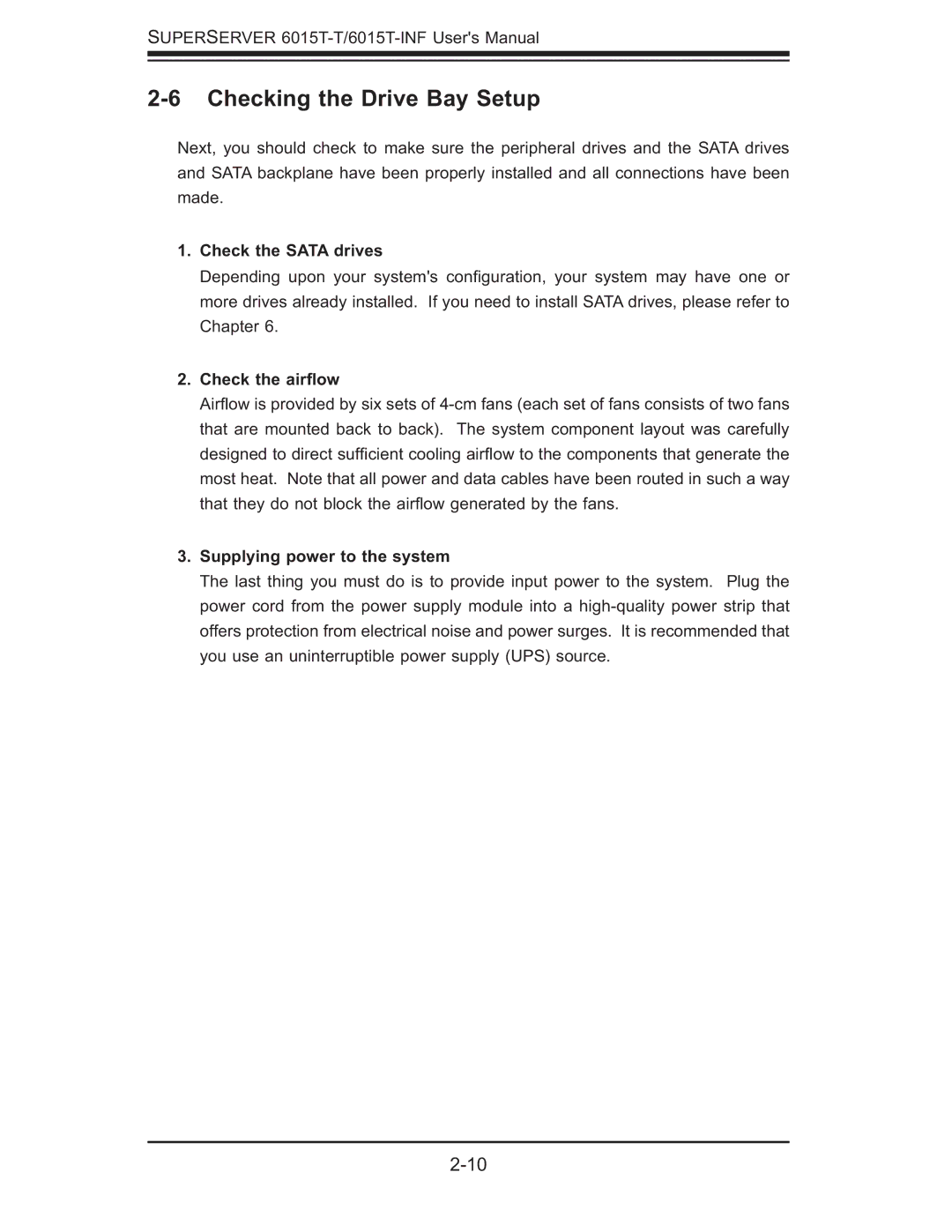 SUPER MICRO Computer 6015T-INF, 6015T-T manual Checking the Drive Bay Setup, Check the Sata drives, Check the airﬂow 
