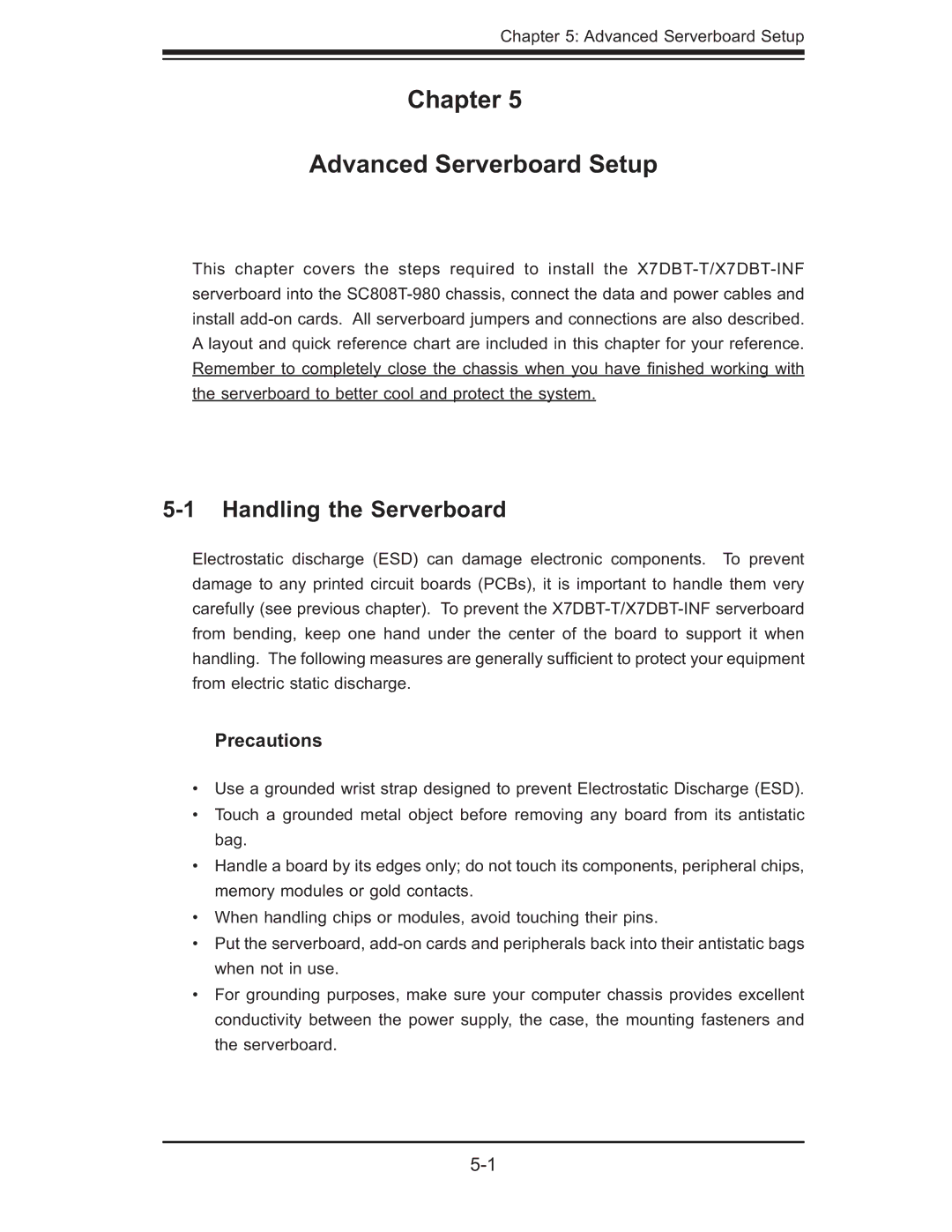 SUPER MICRO Computer 6015T-T, 6015T-INF manual Chapter Advanced Serverboard Setup, Handling the Serverboard, Precautions 