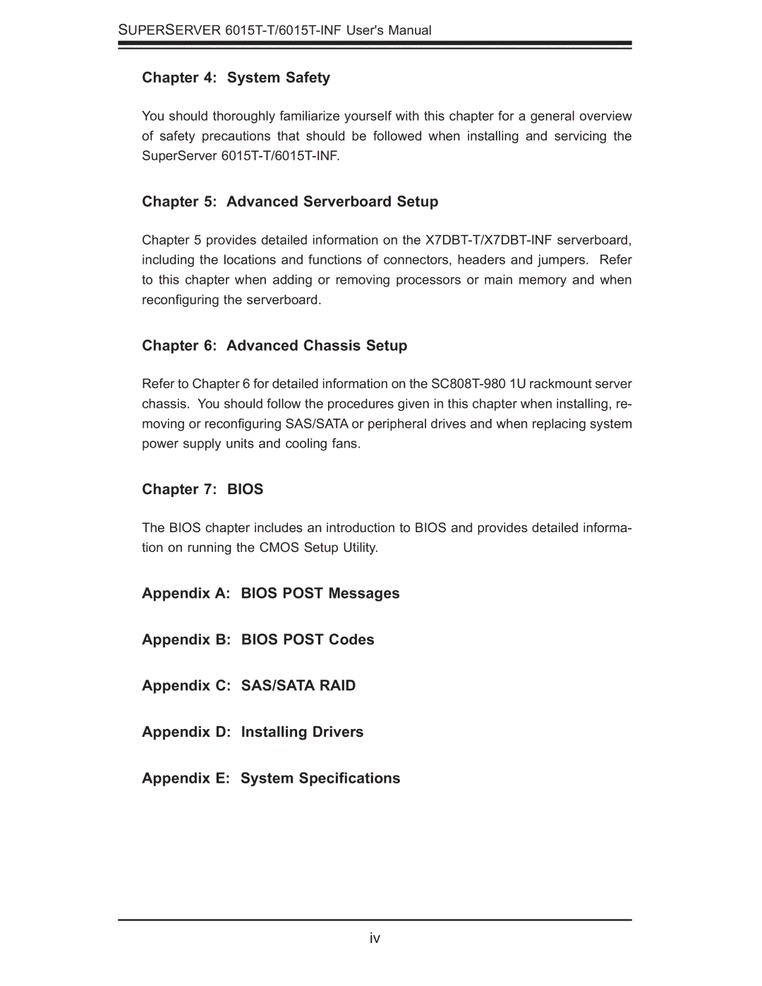 SUPER MICRO Computer 6015T-INF, 6015T-T manual System Safety, Advanced Serverboard Setup, Advanced Chassis Setup, Bios 