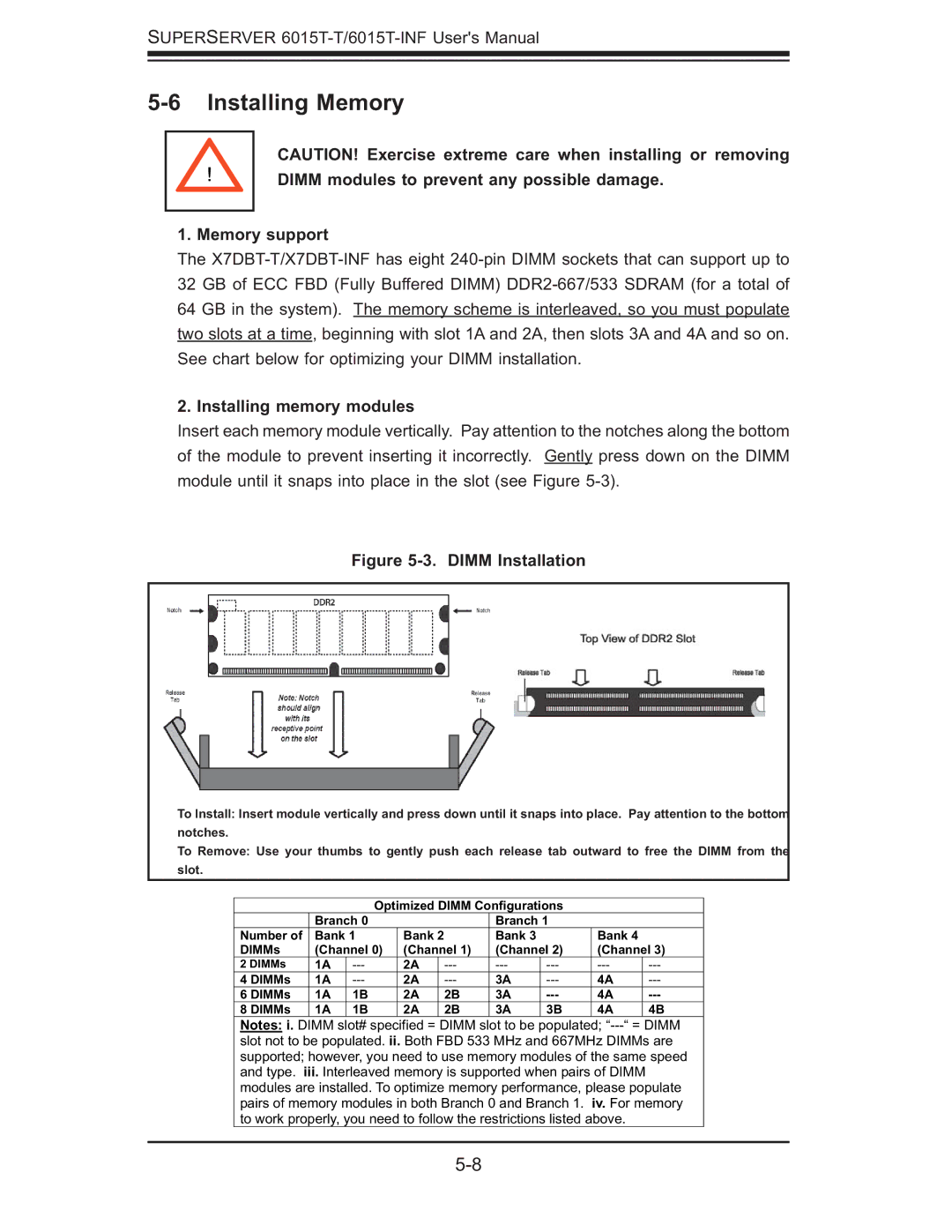 SUPER MICRO Computer 6015T-INF, 6015T-T manual Installing Memory, Memory support, Installing memory modules 