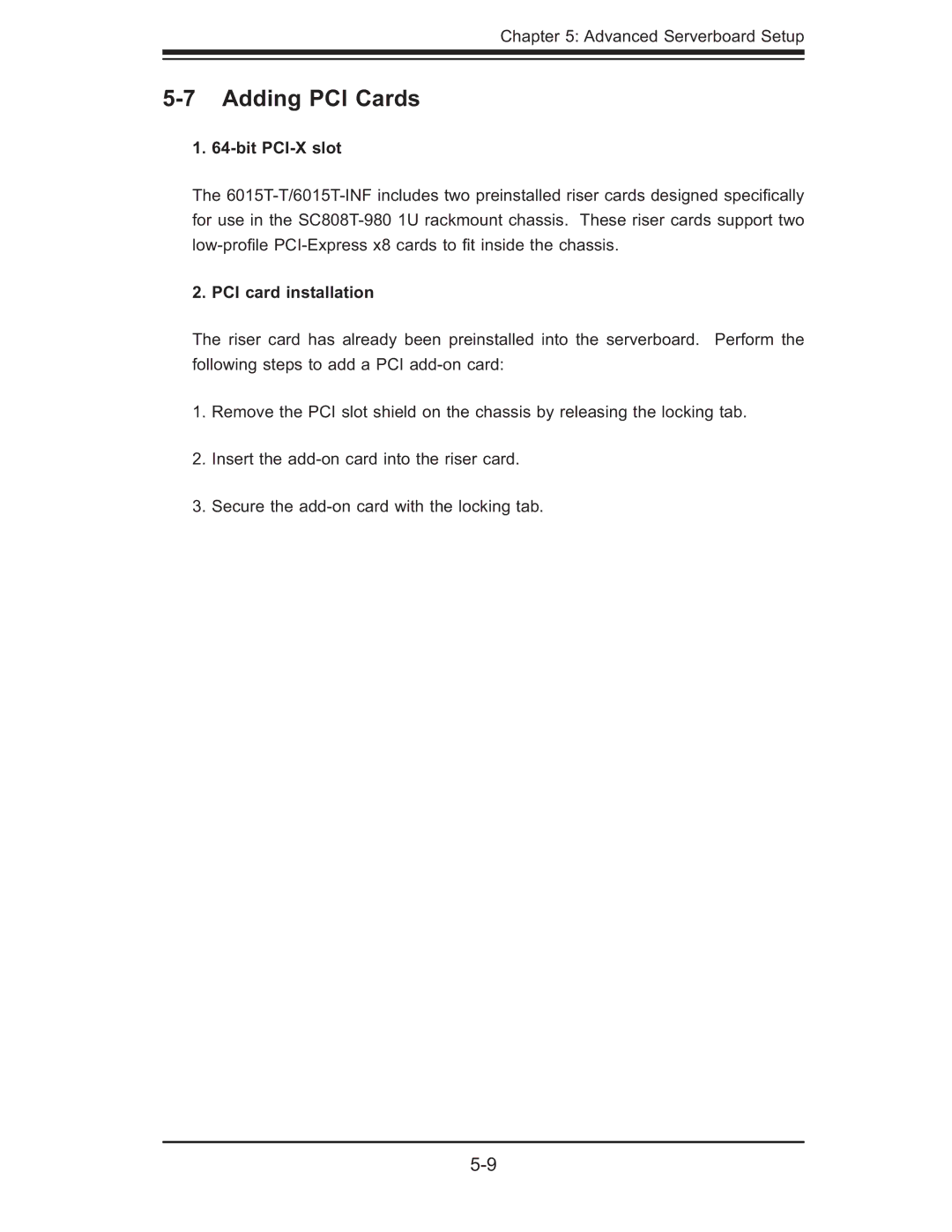 SUPER MICRO Computer 6015T-T, 6015T-INF manual Adding PCI Cards, Bit PCI-X slot, PCI card installation 