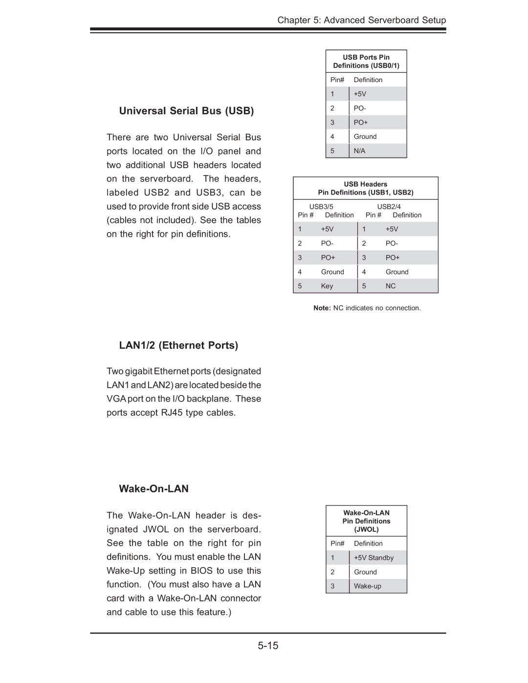 SUPER MICRO Computer 6015T-T, 6015T-INF manual Universal Serial Bus USB, LAN1/2 Ethernet Ports, Wake-On-LAN 