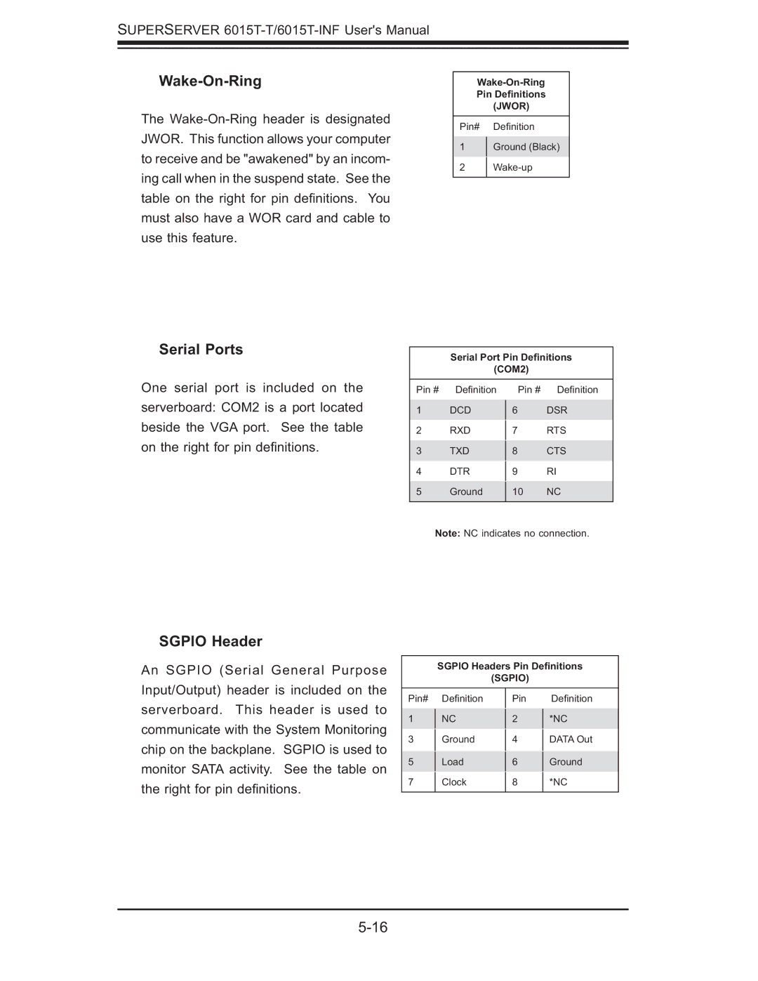 SUPER MICRO Computer 6015T-INF, 6015T-T manual Wake-On-Ring, Serial Ports, Sgpio Header 