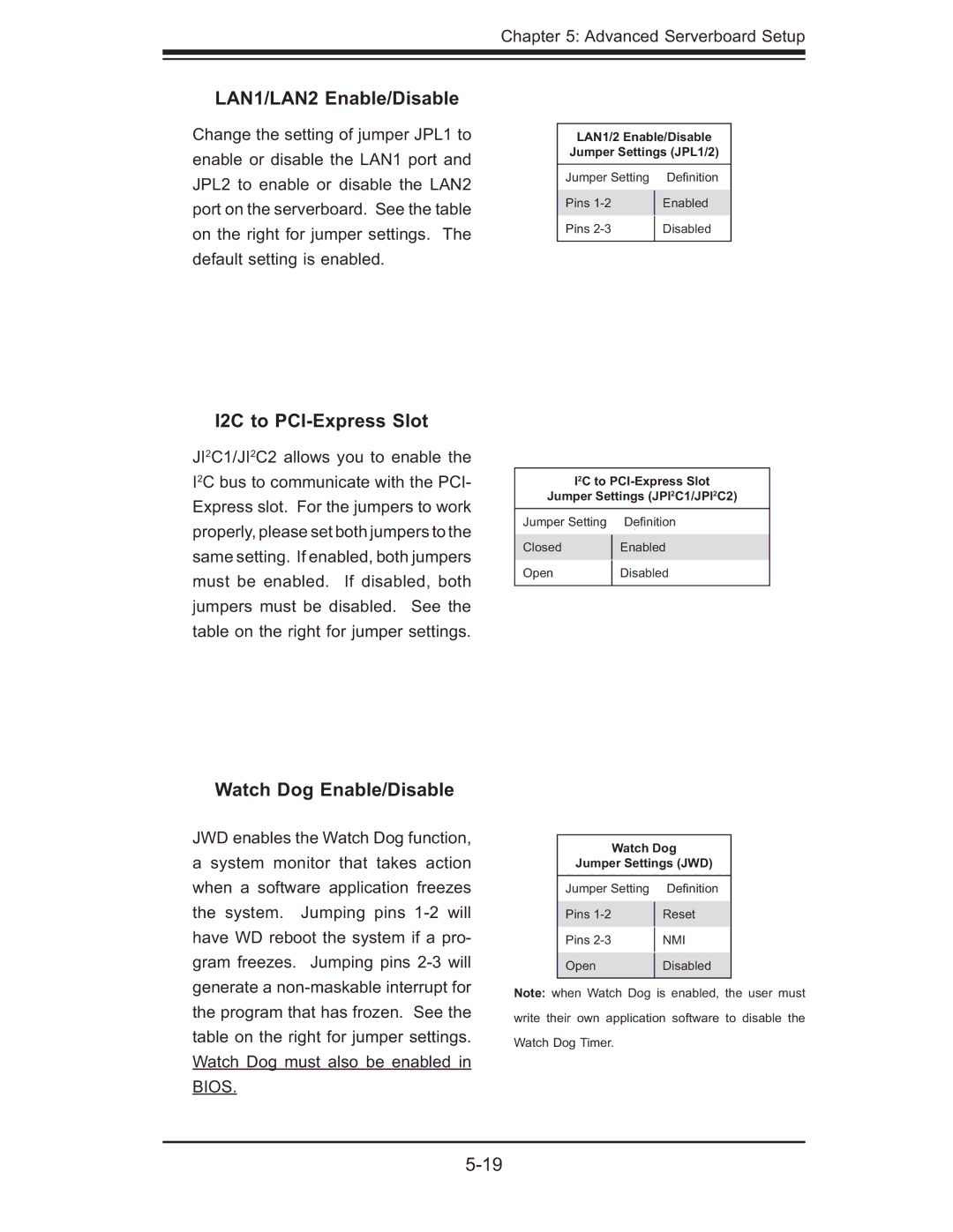 SUPER MICRO Computer 6015T-T, 6015T-INF manual LAN1/LAN2 Enable/Disable, I2C to PCI-Express Slot, Watch Dog Enable/Disable 