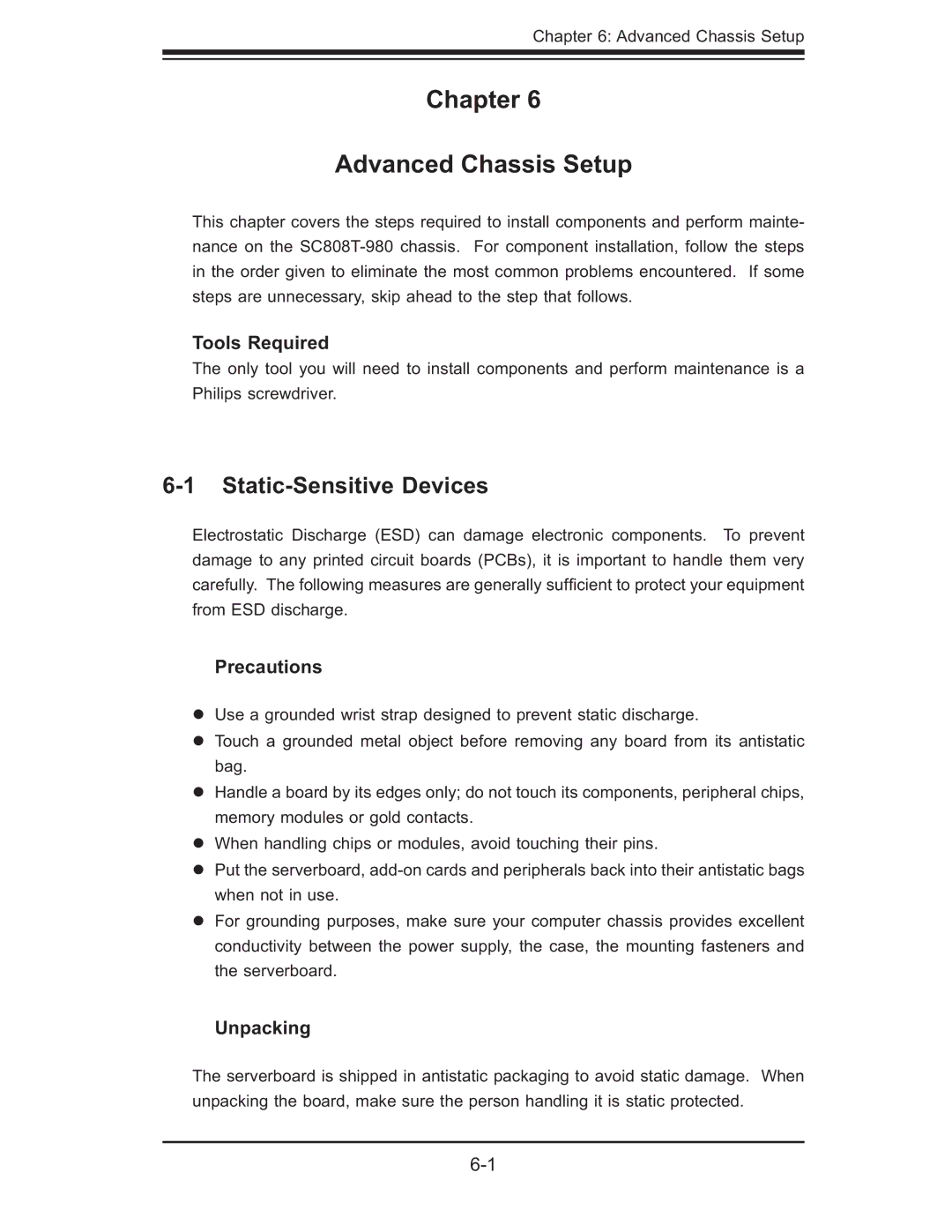 SUPER MICRO Computer 6015T-T, 6015T-INF manual Chapter Advanced Chassis Setup, Static-Sensitive Devices, Tools Required 