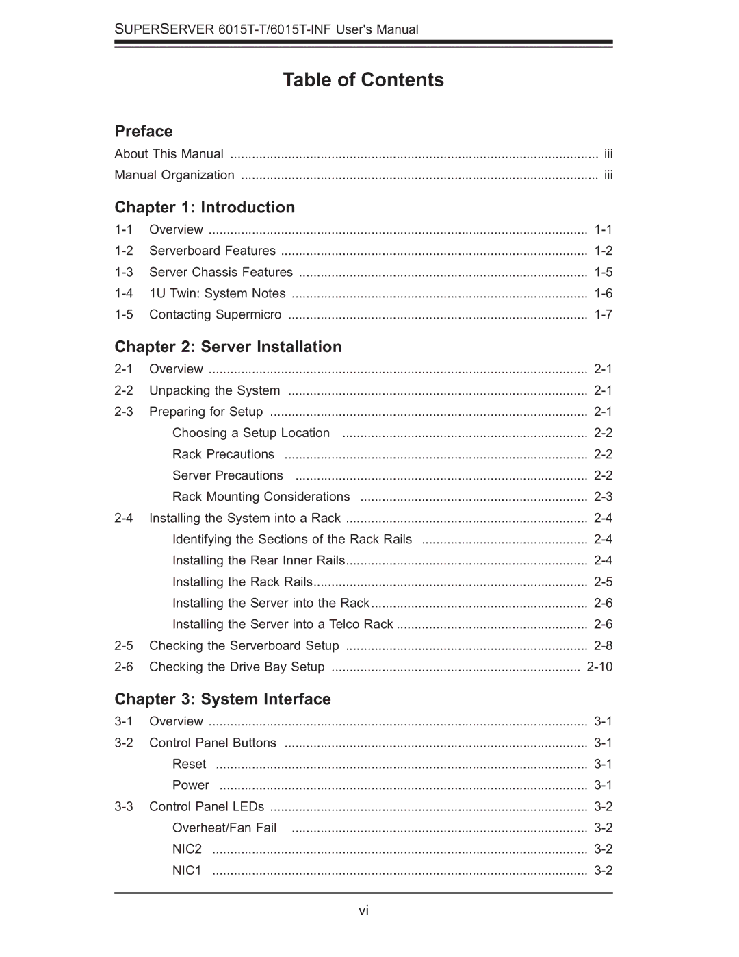 SUPER MICRO Computer 6015T-INF, 6015T-T manual Table of Contents 