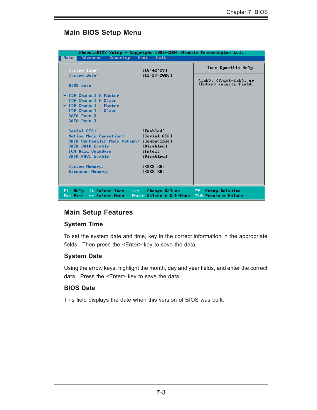 SUPER MICRO Computer 6015T-T, 6015T-INF manual Main Bios Setup Menu Main Setup Features, System Time, System Date, Bios Date 