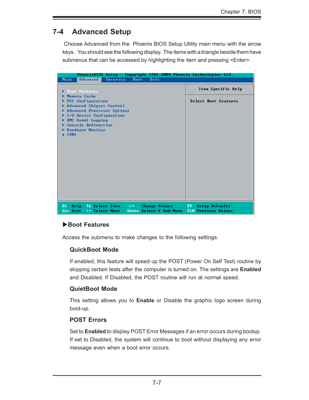 SUPER MICRO Computer 6015T-T, 6015T-INF manual Advanced Setup, Boot Features, QuickBoot Mode, QuietBoot Mode, Post Errors 