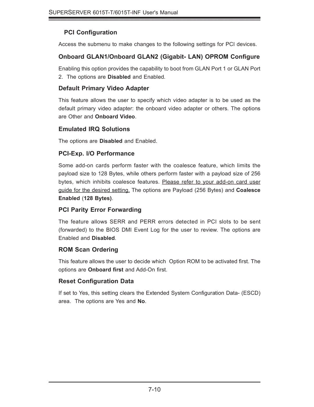 SUPER MICRO Computer 6015T-INF, 6015T-T manual PCI Conﬁguration, Onboard GLAN1/Onboard GLAN2 Gigabit- LAN Oprom Conﬁgure 