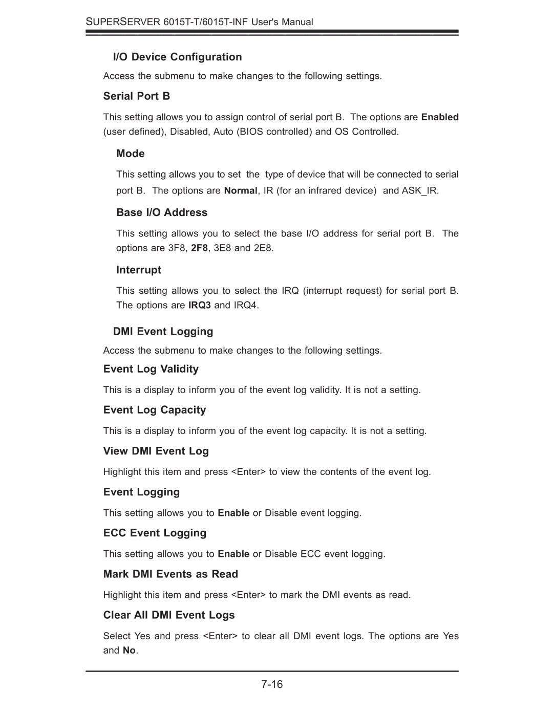SUPER MICRO Computer 6015T-INF Device Conﬁguration, Serial Port B, Mode, Base I/O Address, Interrupt, DMI Event Logging 