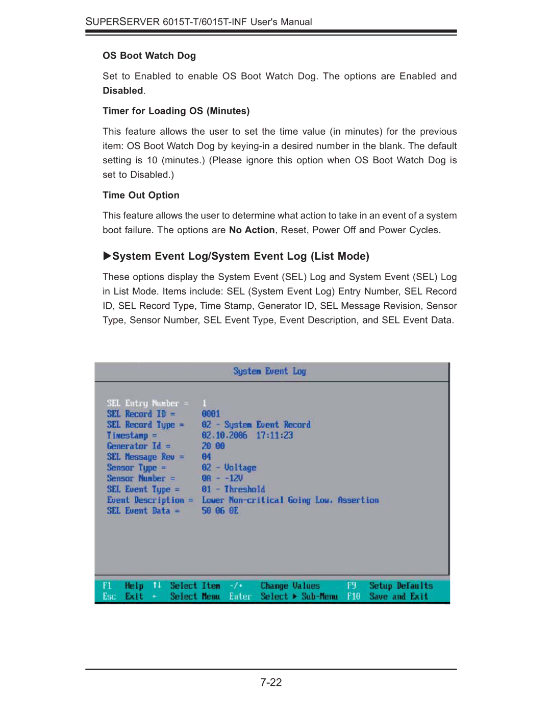 SUPER MICRO Computer 6015T-INF, 6015T-T System Event Log/System Event Log List Mode, OS Boot Watch Dog, Time Out Option 