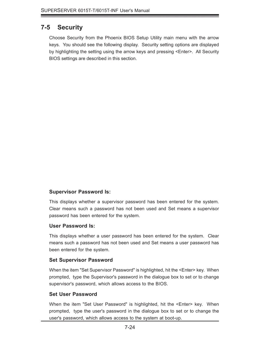 SUPER MICRO Computer 6015T-INF, 6015T-T manual Security, Supervisor Password Is, User Password Is, Set Supervisor Password 