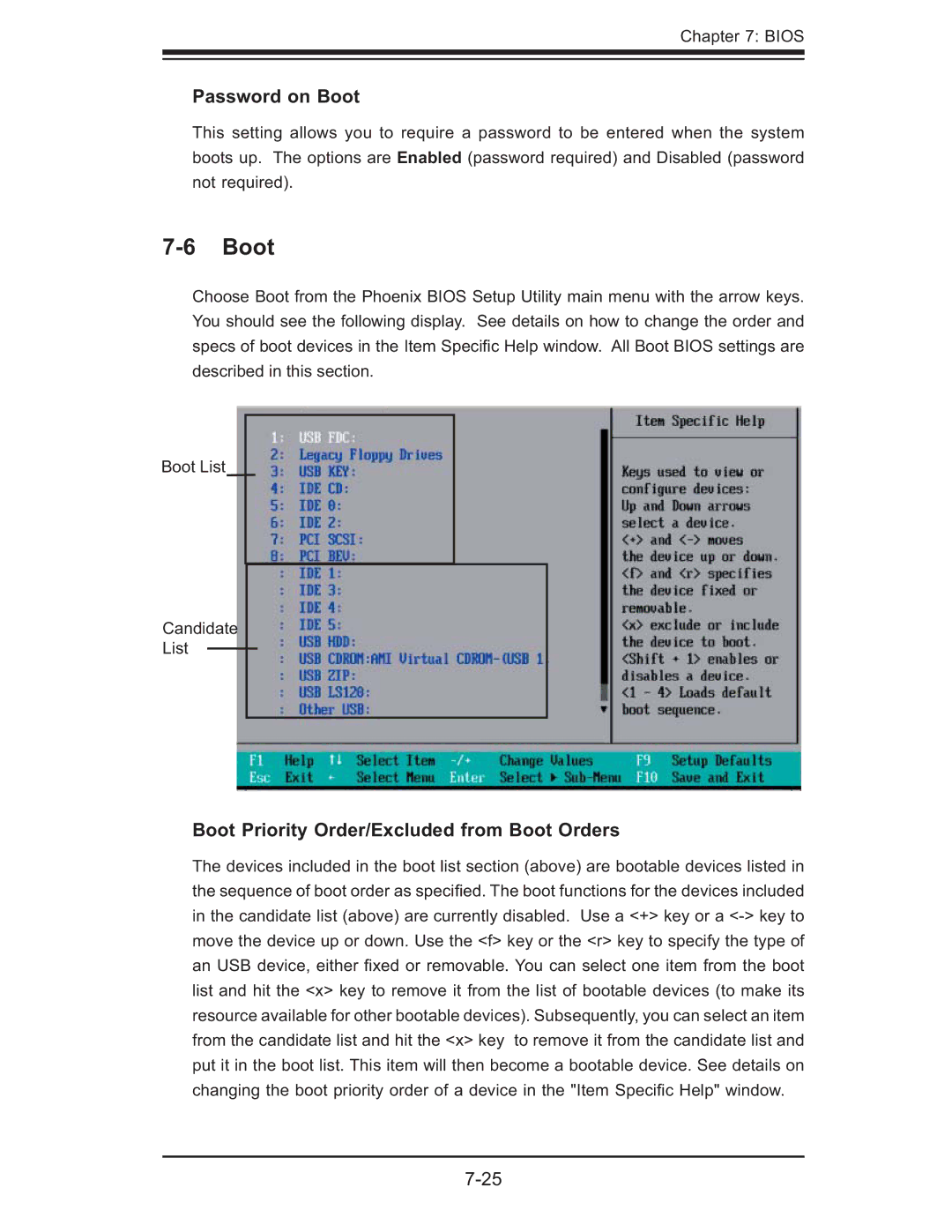 SUPER MICRO Computer 6015T-T, 6015T-INF manual Password on Boot, Boot Priority Order/Excluded from Boot Orders 