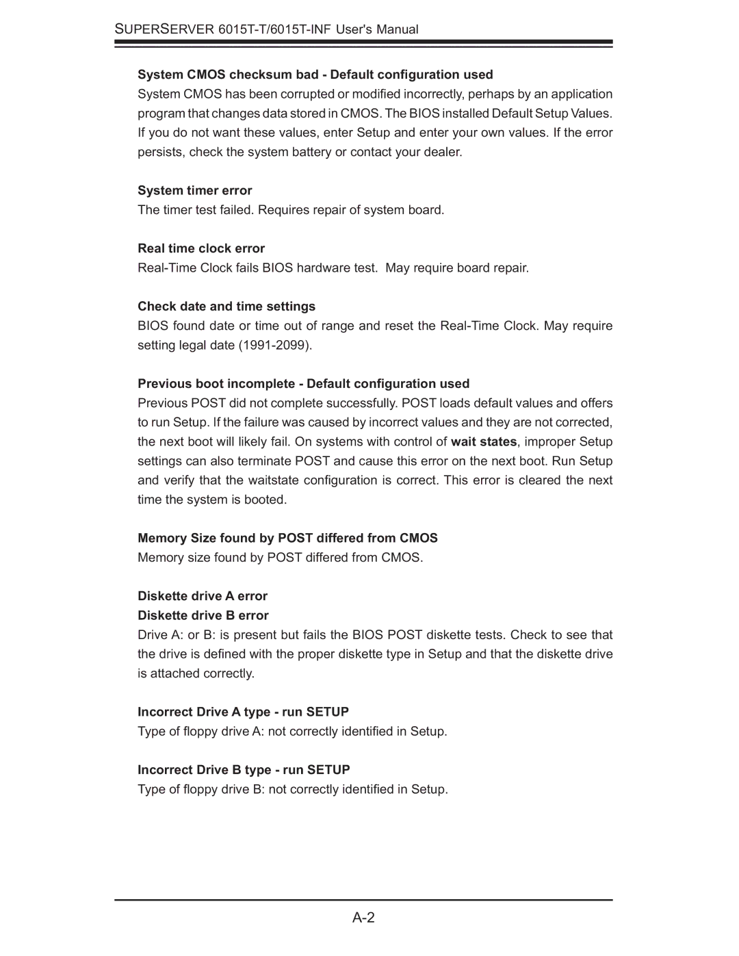 SUPER MICRO Computer 6015T-INF, 6015T-T manual System Cmos checksum bad Default conﬁguration used, System timer error 