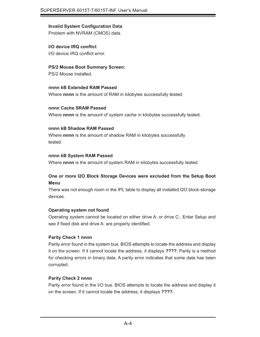 SUPER MICRO Computer 6015T-INF manual Invalid System Conﬁguration Data, Device IRQ conﬂict, PS/2 Mouse Boot Summary Screen 
