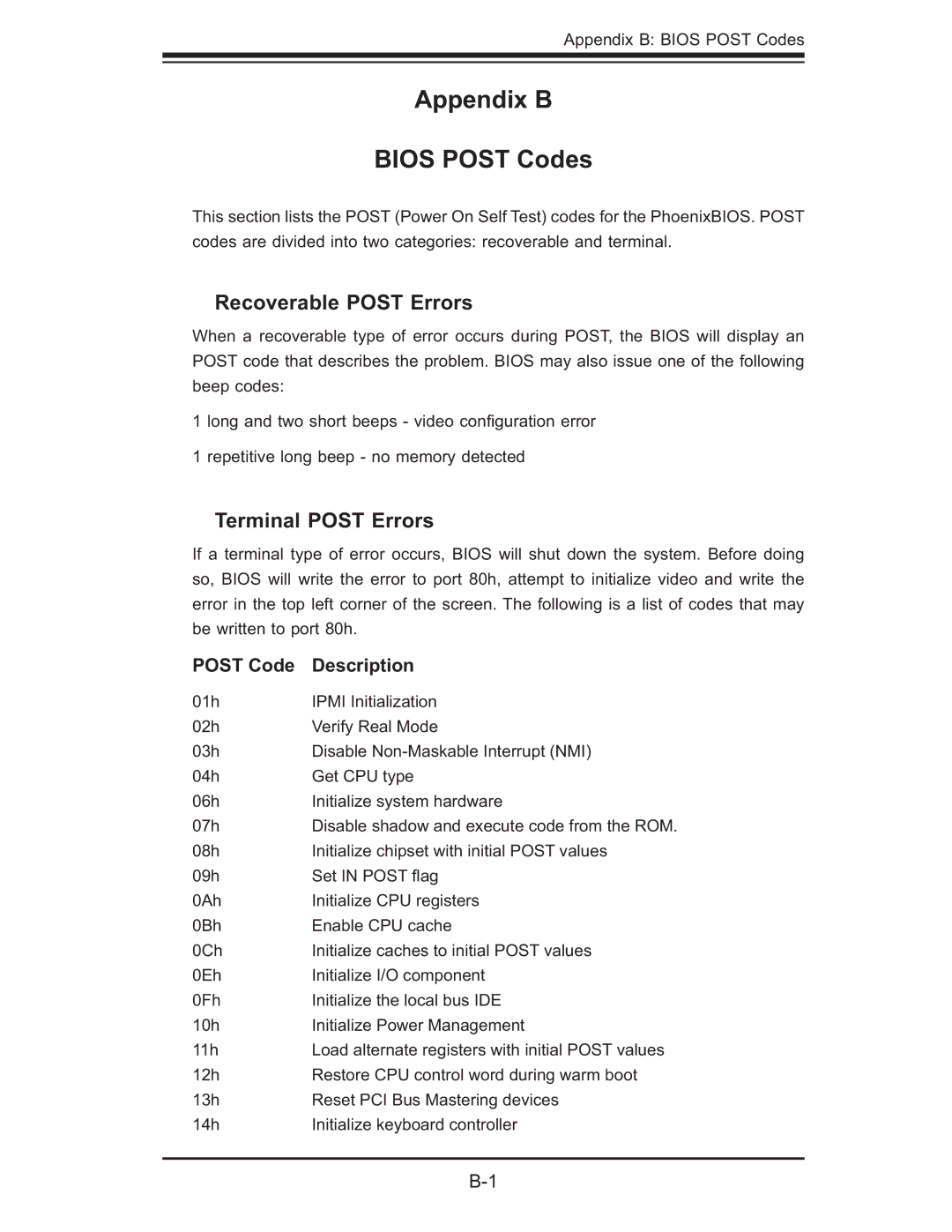 SUPER MICRO Computer 6015W-NTR, 6015W-UR Appendix B Bios Post Codes, Recoverable Post Errors, Terminal Post Errors 