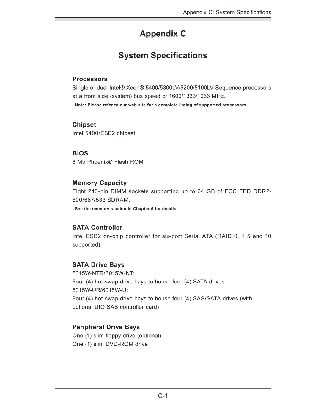 SUPER MICRO Computer 6015W-UR, 6015W-NTR user manual Appendix C System Speciﬁcations, Processors 