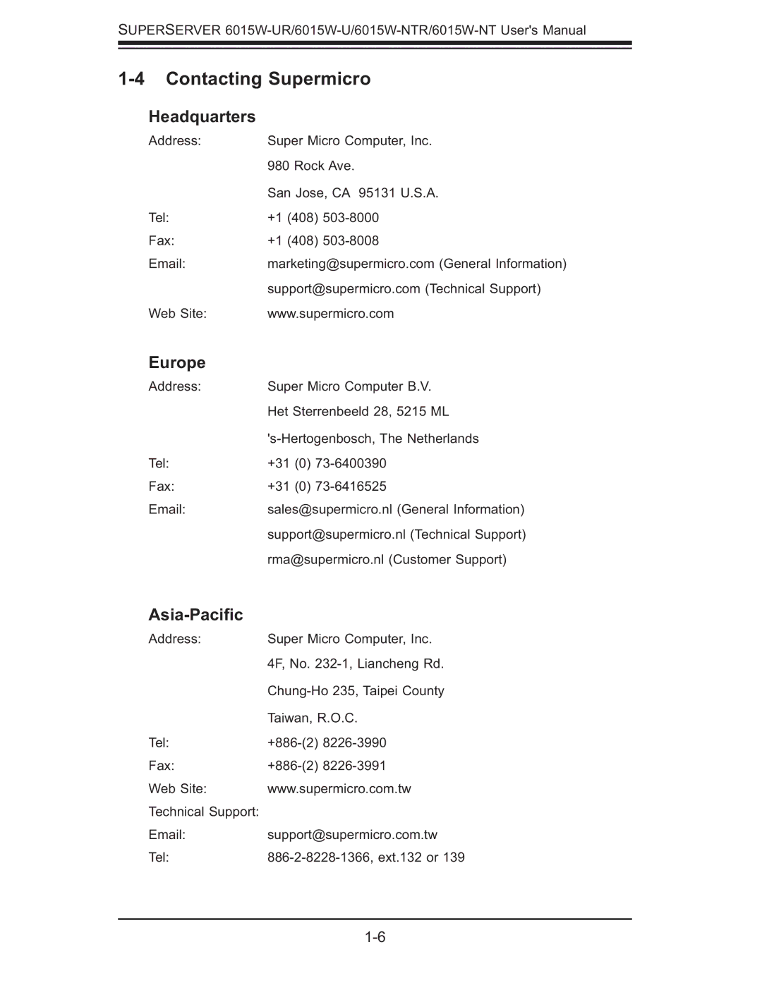 SUPER MICRO Computer 6015W-UR, 6015W-NTR user manual Contacting Supermicro, Headquarters, Europe, Asia-Paciﬁc 