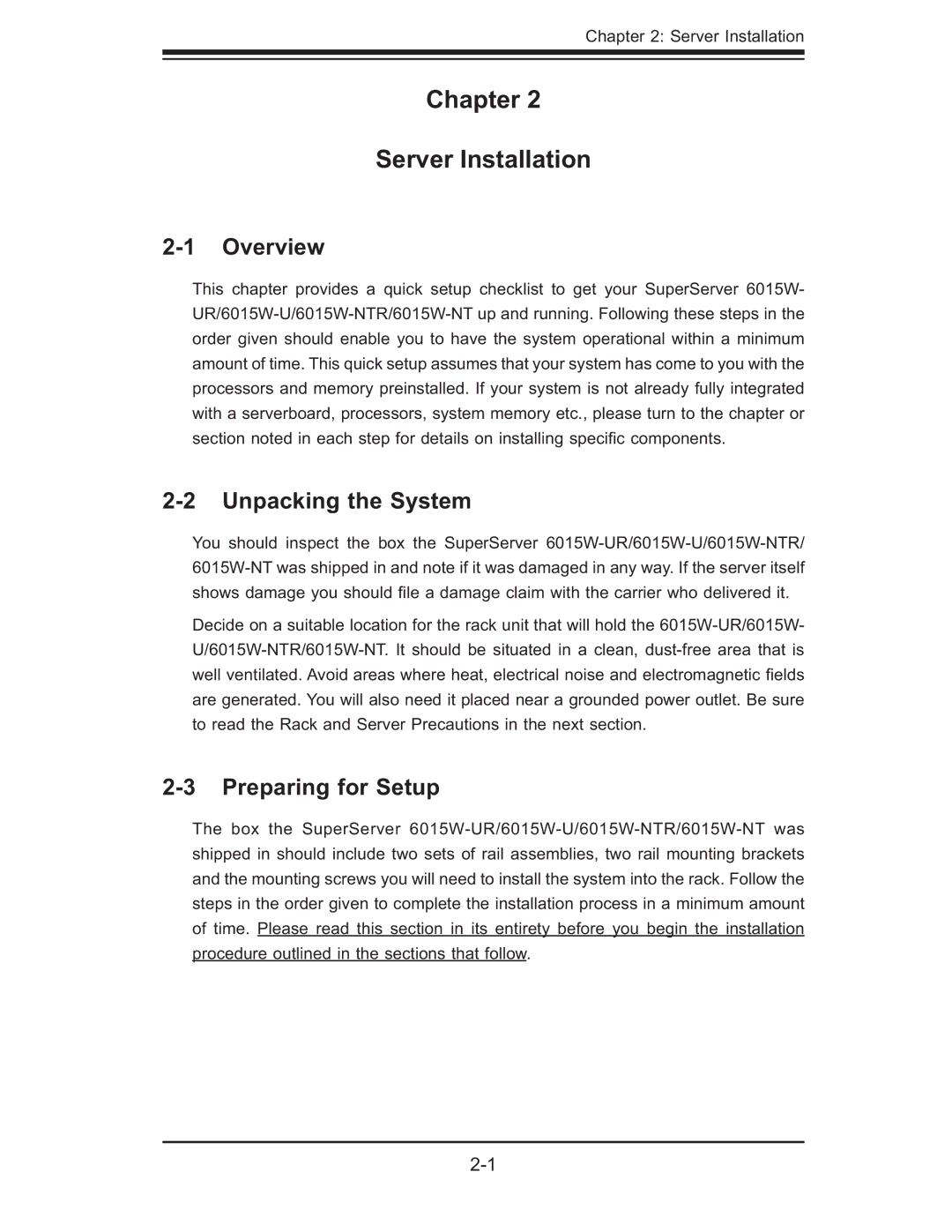 SUPER MICRO Computer 6015W-UR, 6015W-NTR Chapter Server Installation, Unpacking the System, Preparing for Setup 