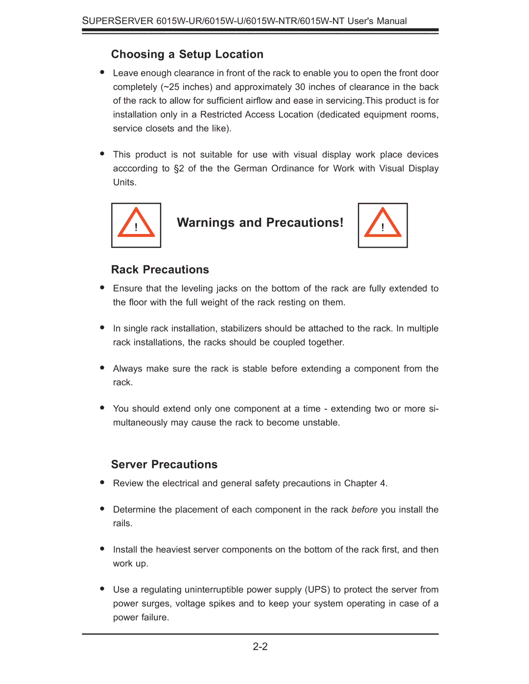 SUPER MICRO Computer 6015W-UR, 6015W-NTR user manual Choosing a Setup Location, Rack Precautions, Server Precautions 