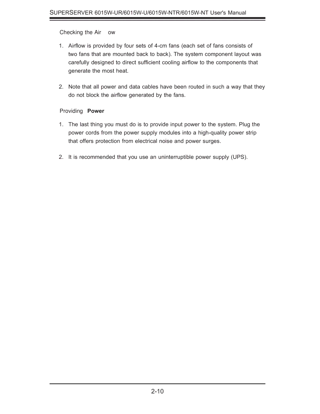 SUPER MICRO Computer 6015W-UR, 6015W-NTR user manual Checking the Airﬂow, Providing Power 
