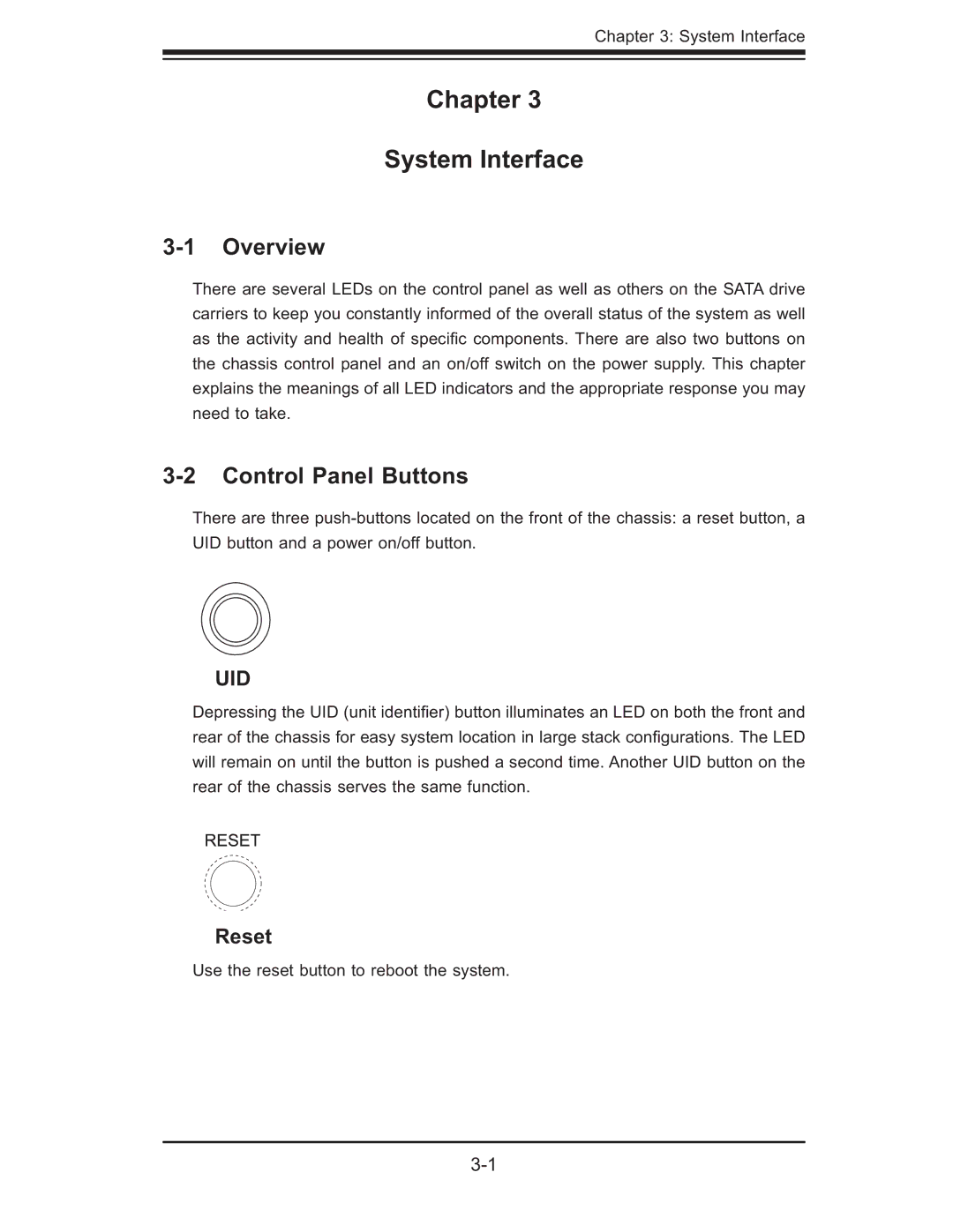 SUPER MICRO Computer 6015W-NTR, 6015W-UR user manual Chapter System Interface, Control Panel Buttons, Reset 