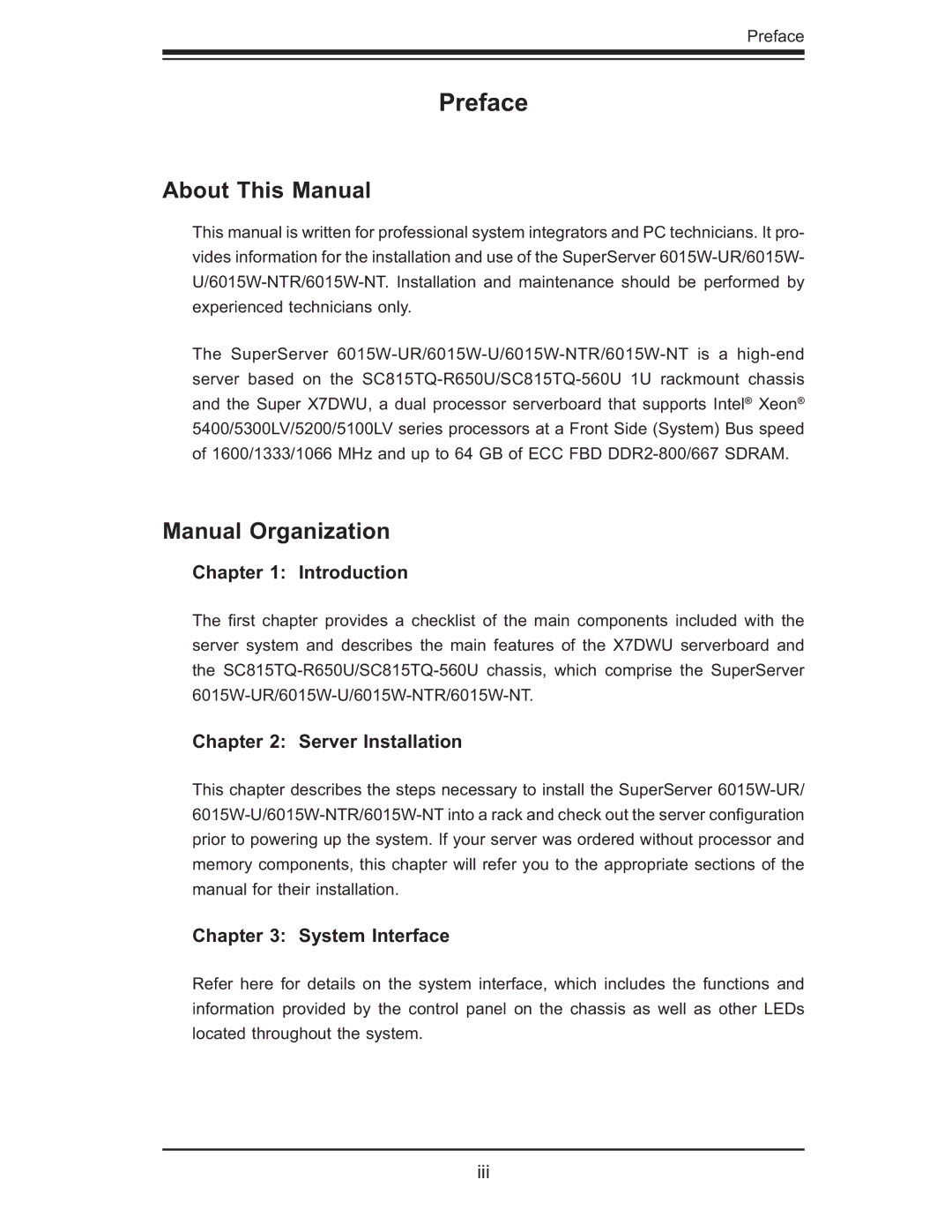 SUPER MICRO Computer 6015W-UR, 6015W-NTR user manual Preface, About This Manual, Manual Organization 