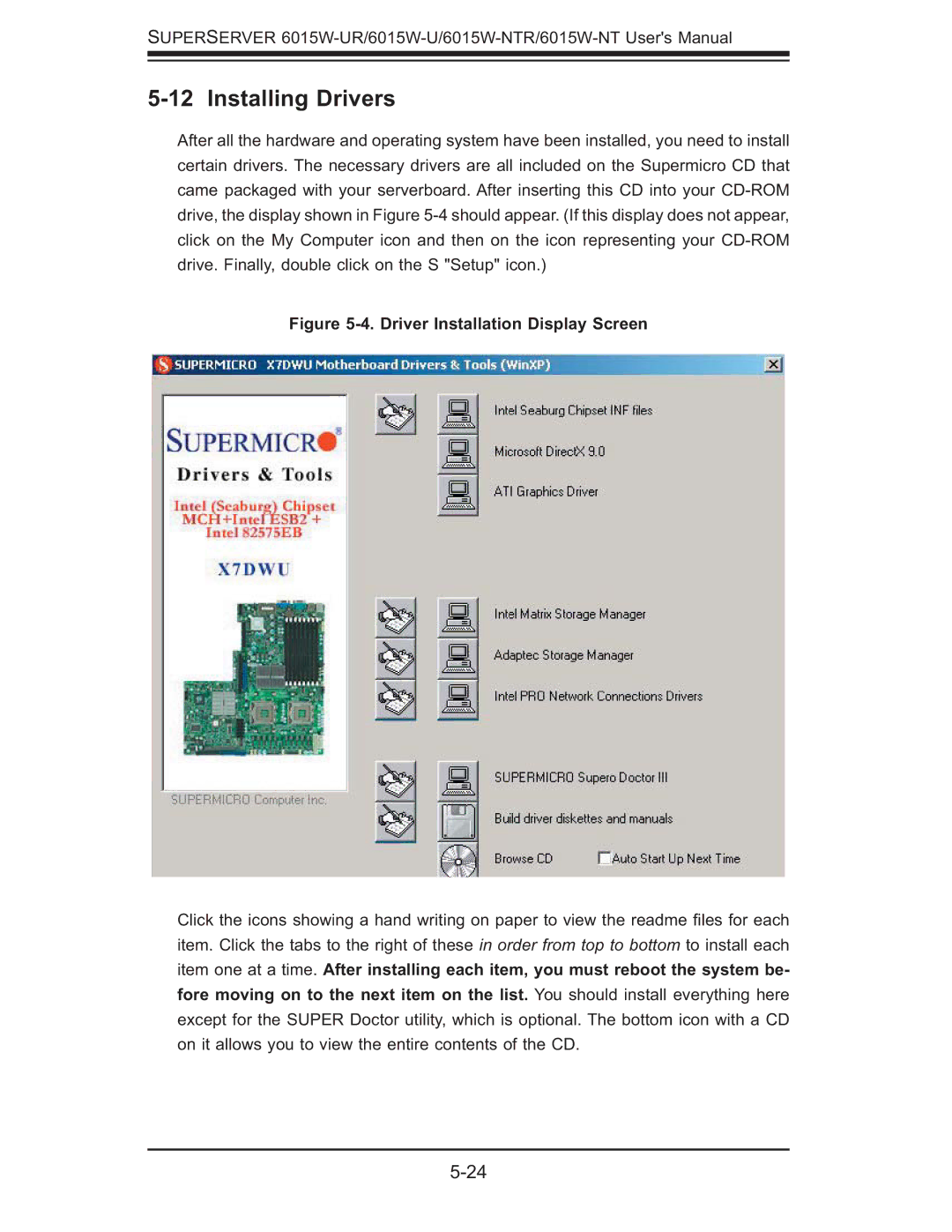 SUPER MICRO Computer 6015W-UR, 6015W-NTR user manual Installing Drivers, Driver Installation Display Screen 