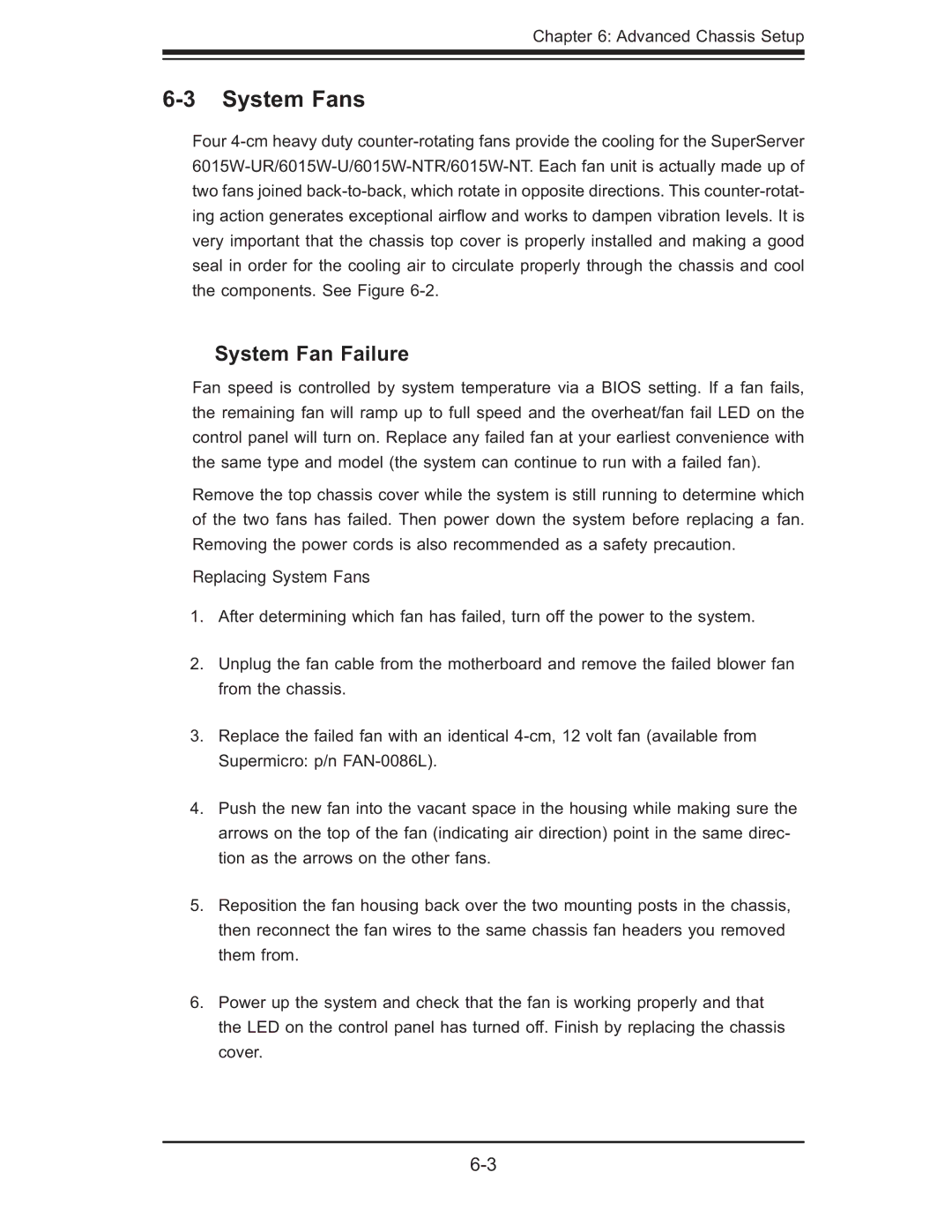 SUPER MICRO Computer 6015W-UR, 6015W-NTR user manual System Fan Failure, Replacing System Fans 