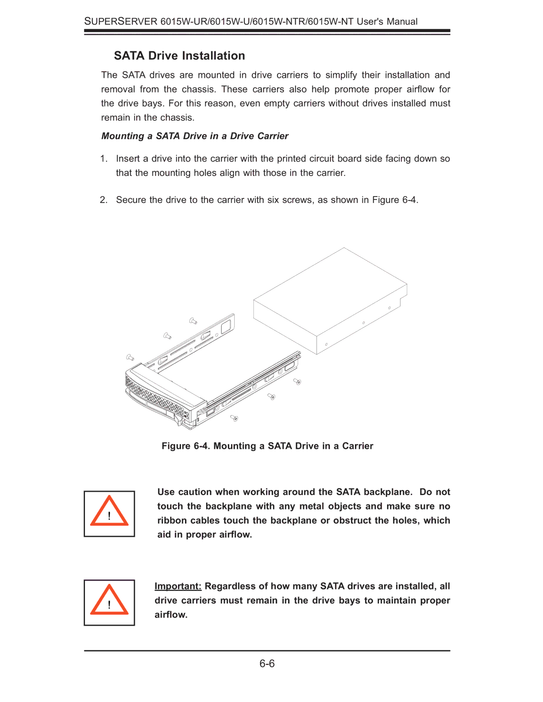 SUPER MICRO Computer 6015W-UR, 6015W-NTR user manual Sata Drive Installation, Mounting a Sata Drive in a Drive Carrier 