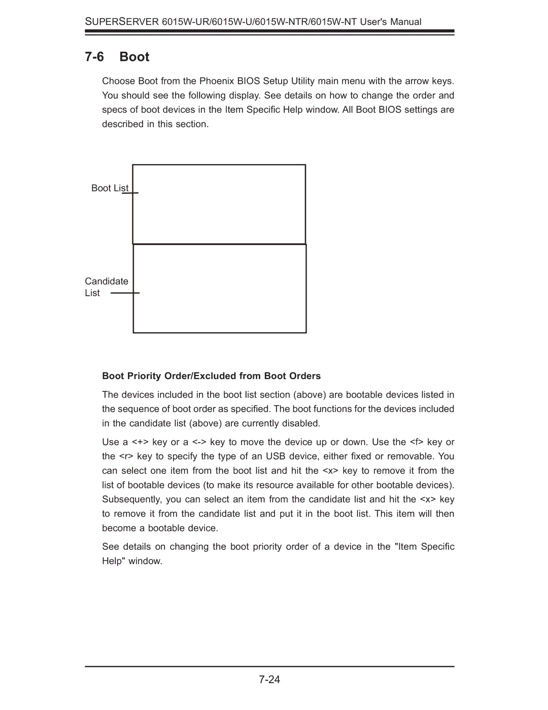 SUPER MICRO Computer 6015W-UR, 6015W-NTR user manual Boot Priority Order/Excluded from Boot Orders 