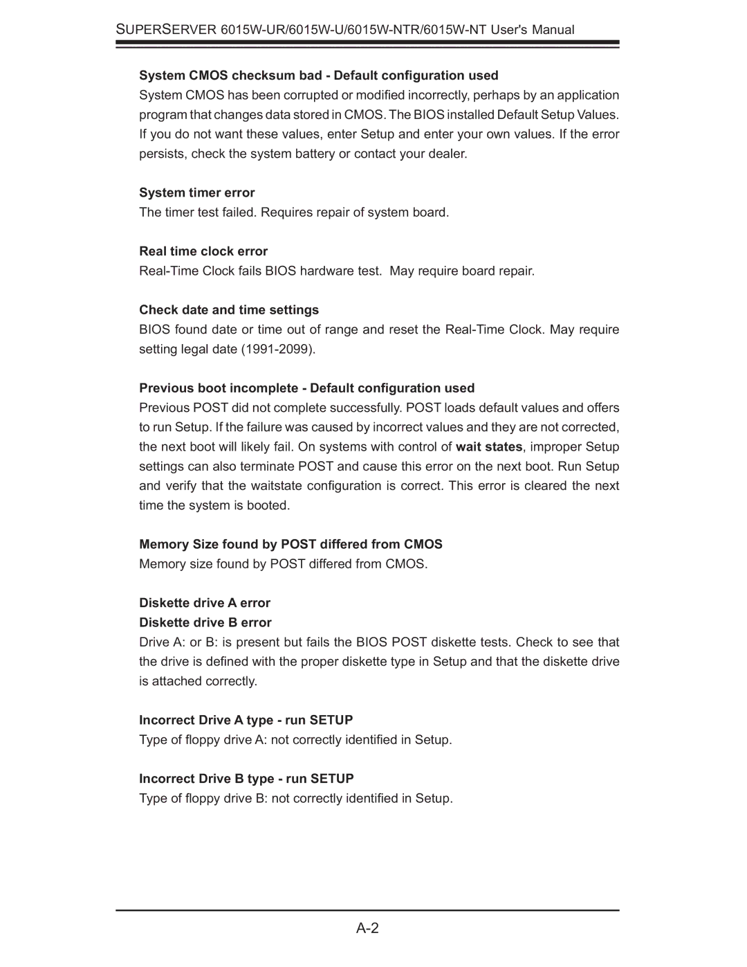 SUPER MICRO Computer 6015W-UR, 6015W-NTR user manual System Cmos checksum bad Default conﬁguration used, System timer error 