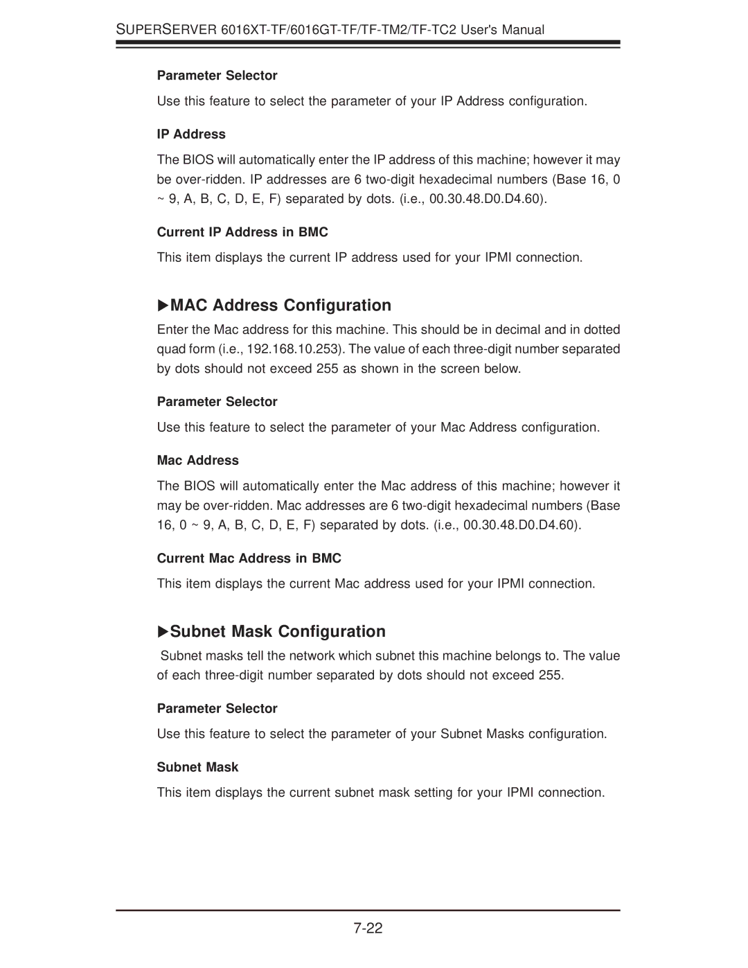 SUPER MICRO Computer 6016GT-TF-TC2, 6016GT-TF-TM2, 6016XT-TF MAC Address Conﬁguration, Subnet Mask Conﬁguration 