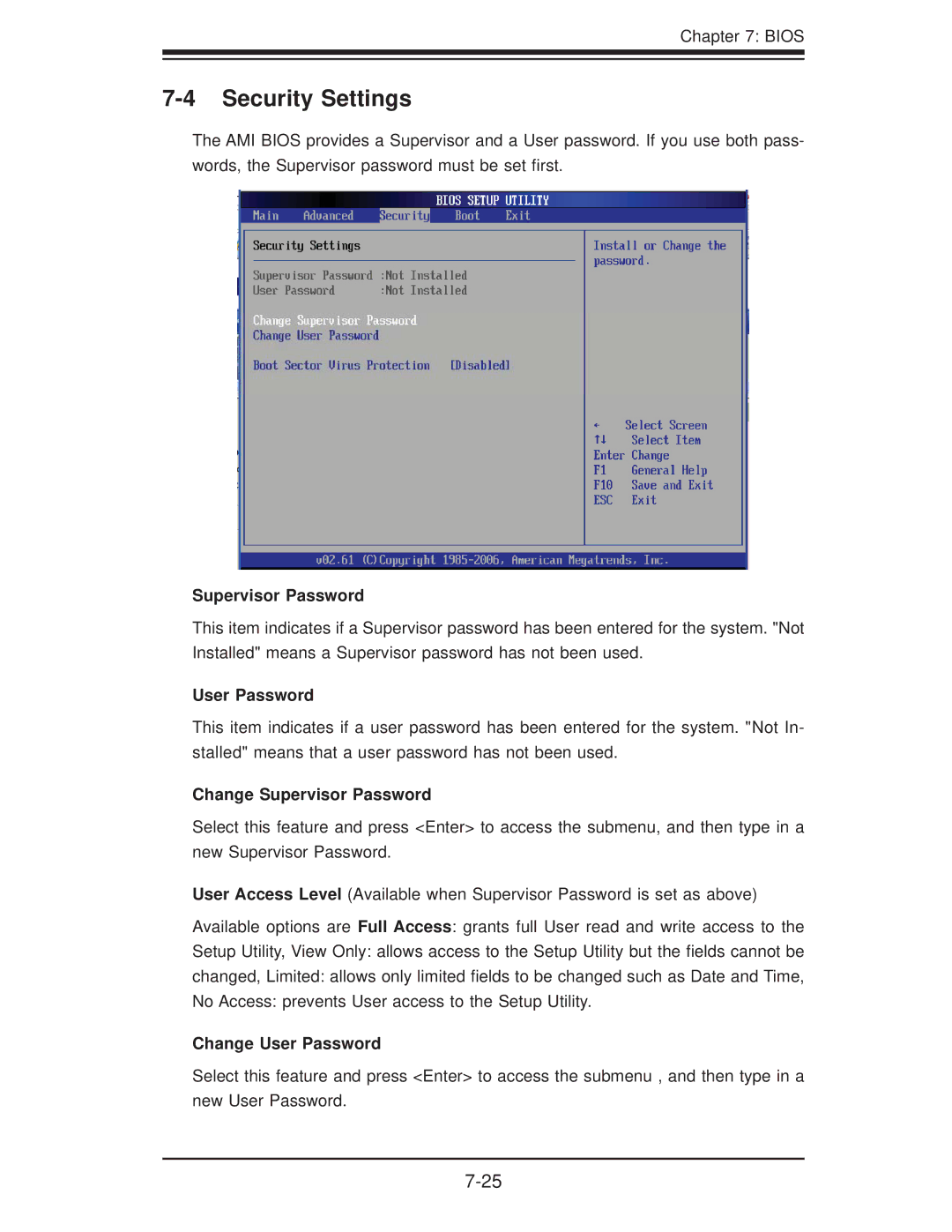 SUPER MICRO Computer 6016XT-TF, 6016GT-TF Security Settings, Change Supervisor Password, Change User Password 