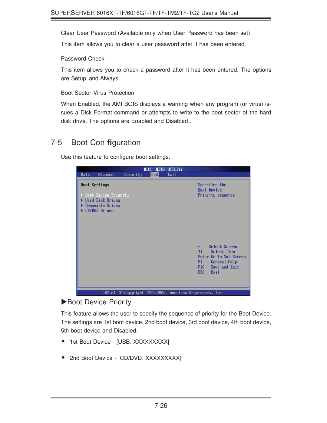 SUPER MICRO Computer 6016GT-TF Boot Conﬁguration, Boot Device Priority, Password Check, Boot Sector Virus Protection 