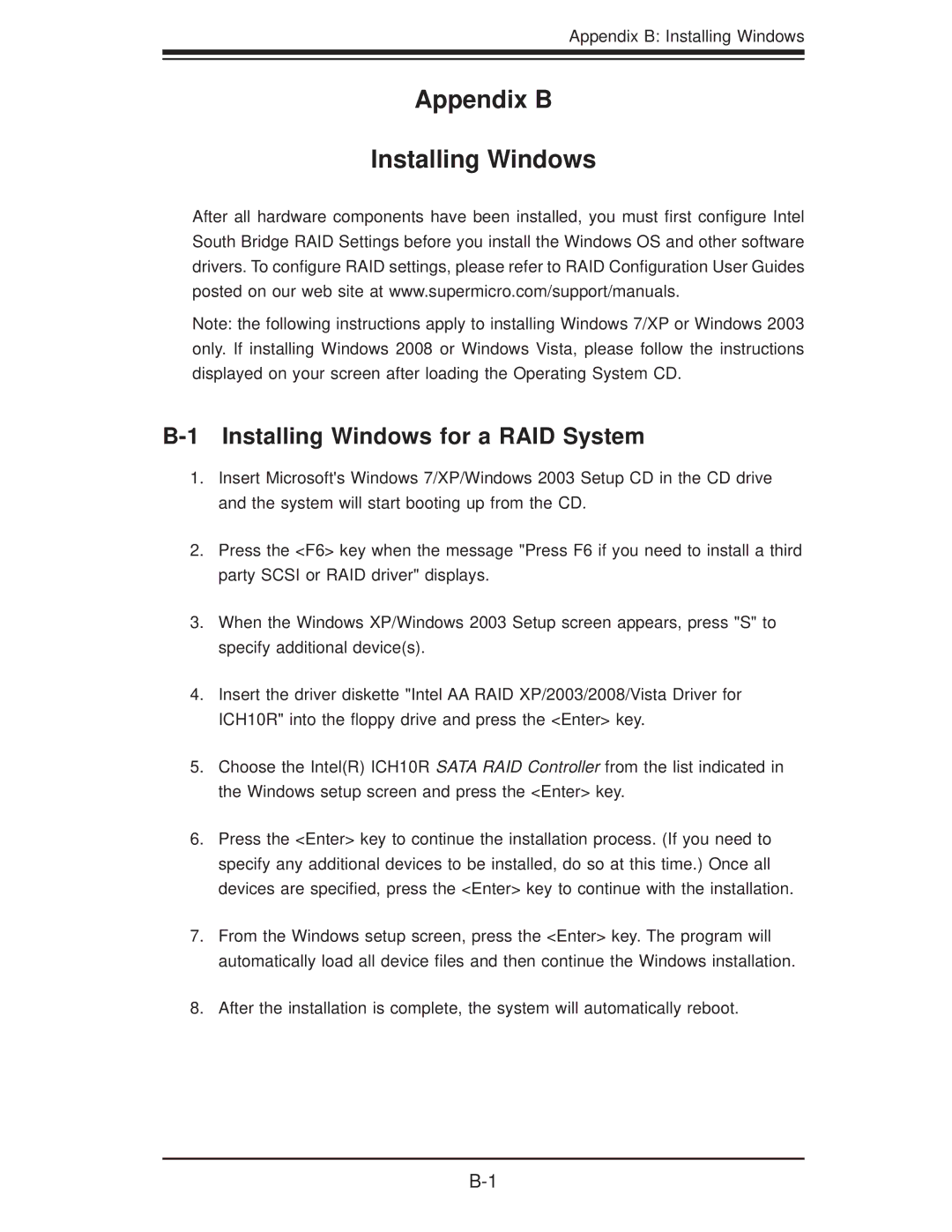 SUPER MICRO Computer 6016GT-TF-TC2, 6016GT-TF-TM2 Appendix B Installing Windows, Installing Windows for a RAID System 