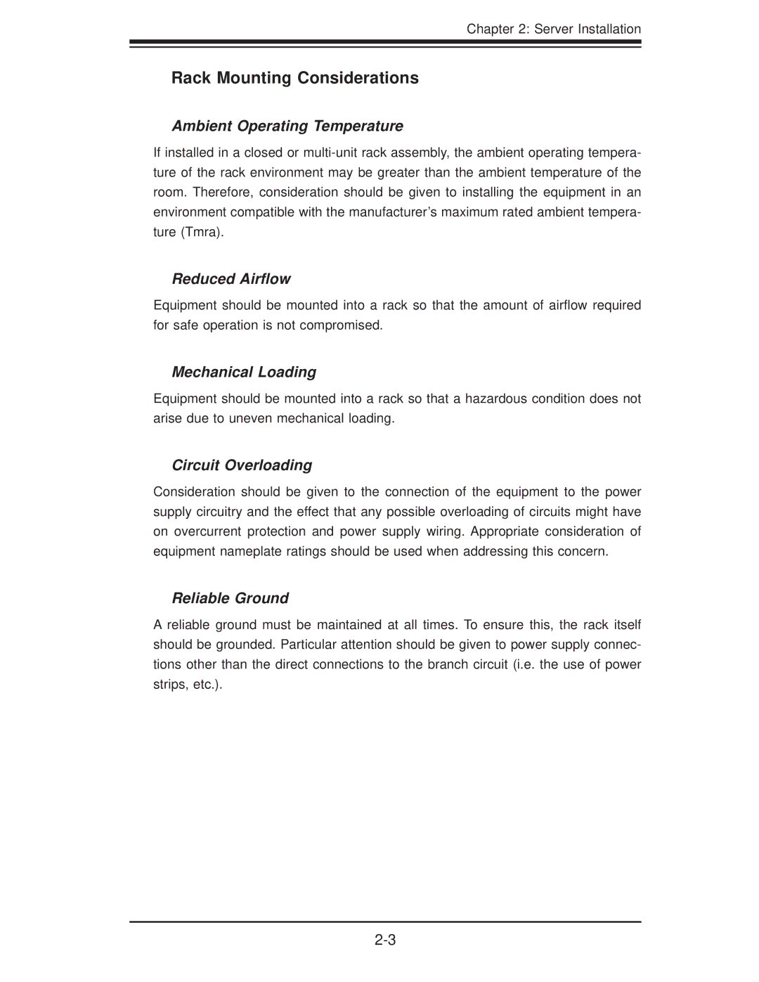 SUPER MICRO Computer 6016GT-TF-TC2, 6016GT-TF-TM2, 6016XT-TF Rack Mounting Considerations, Ambient Operating Temperature 