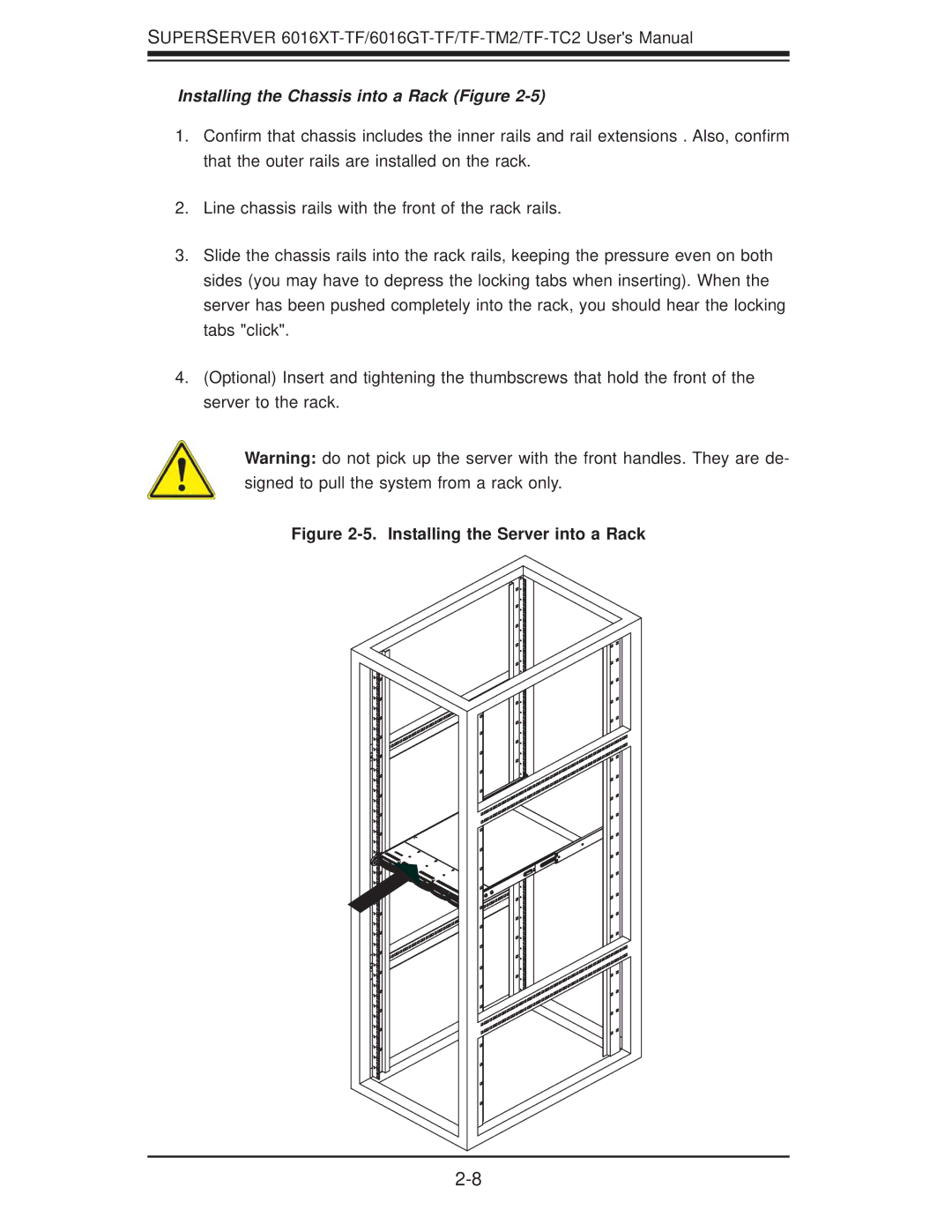 SUPER MICRO Computer 6016GT-TF-TM2, 6016XT-TF Installing the Chassis into a Rack Figure, Installing the Server into a Rack 