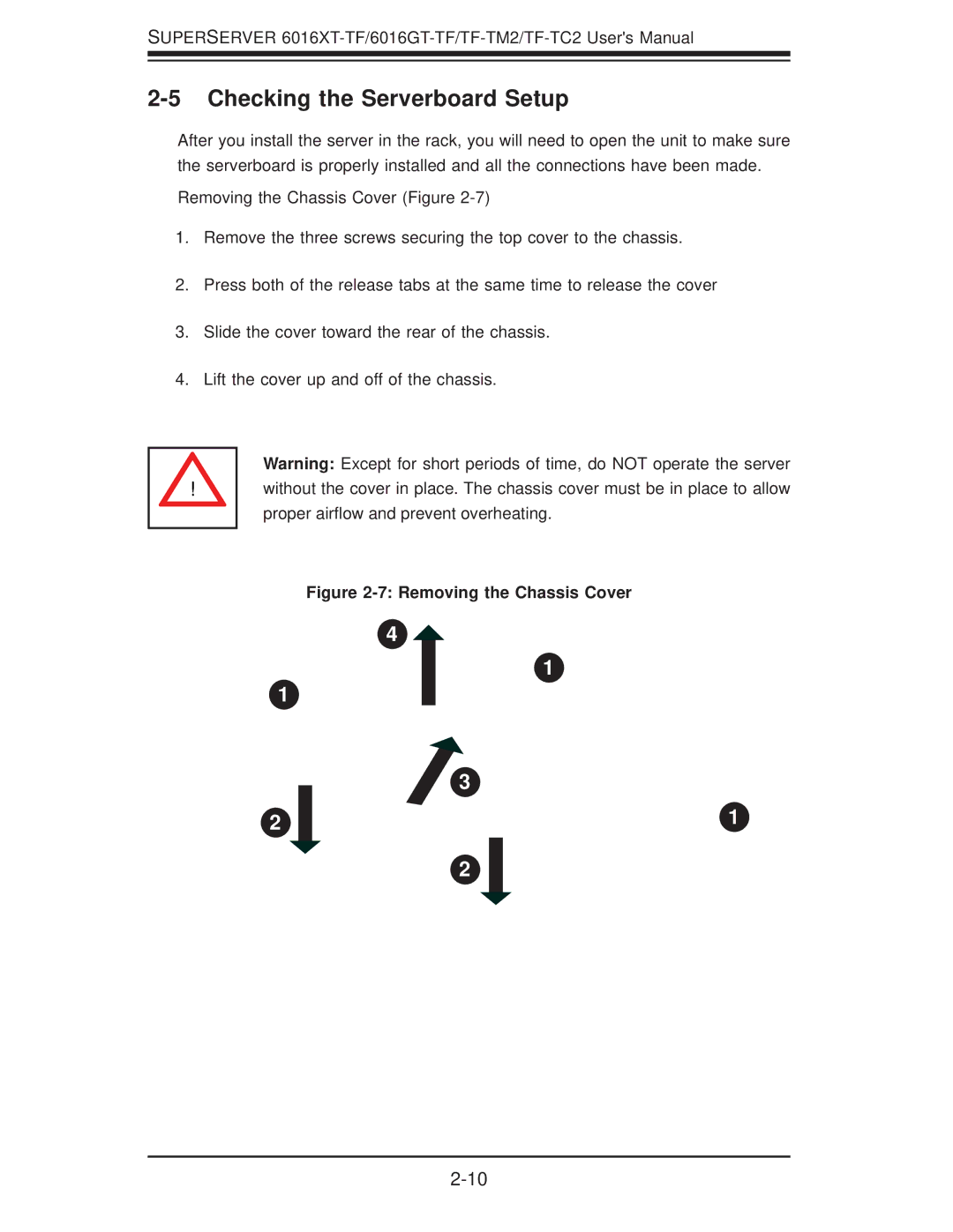 SUPER MICRO Computer 6016GT-TF-TC2, 6016GT-TF-TM2 Checking the Serverboard Setup, Removing the Chassis Cover Figure 