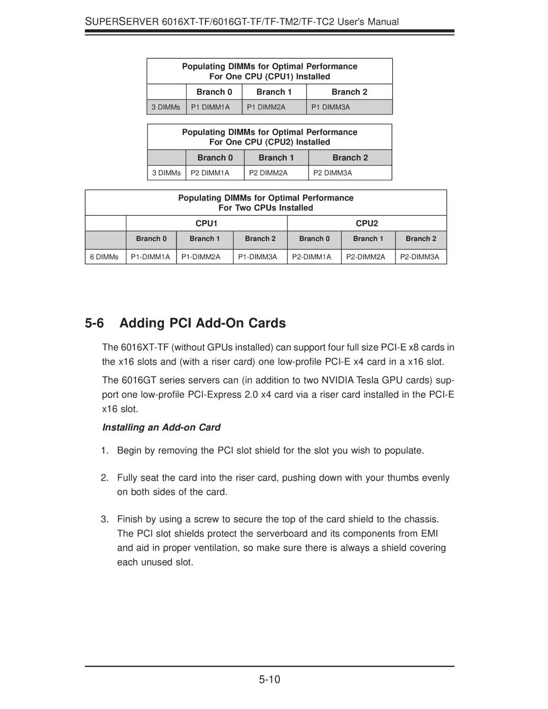 SUPER MICRO Computer 6016GT-TF-TC2, 6016GT-TF-TM2, 6016XT-TF Adding PCI Add-On Cards, Installing an Add-on Card 