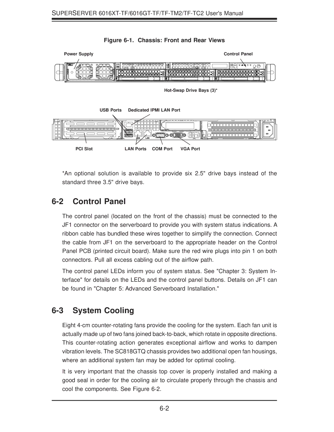 SUPER MICRO Computer 6016GT-TF-TM2, 6016GT-TF-TC2, 6016XT-TF user manual Control Panel, System Cooling 